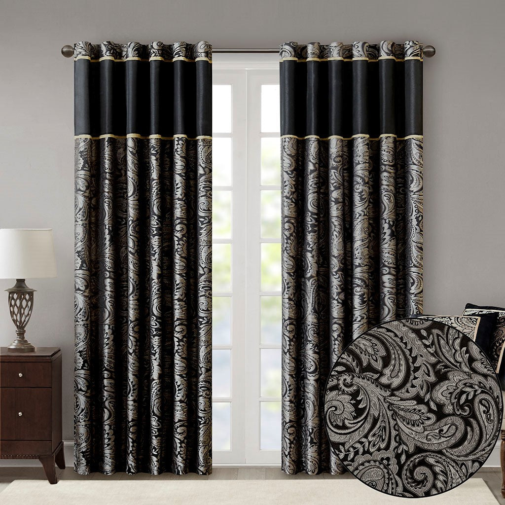 Jacquard Curtain Panel Pair 2 Pcs Window Panels Black Polyester