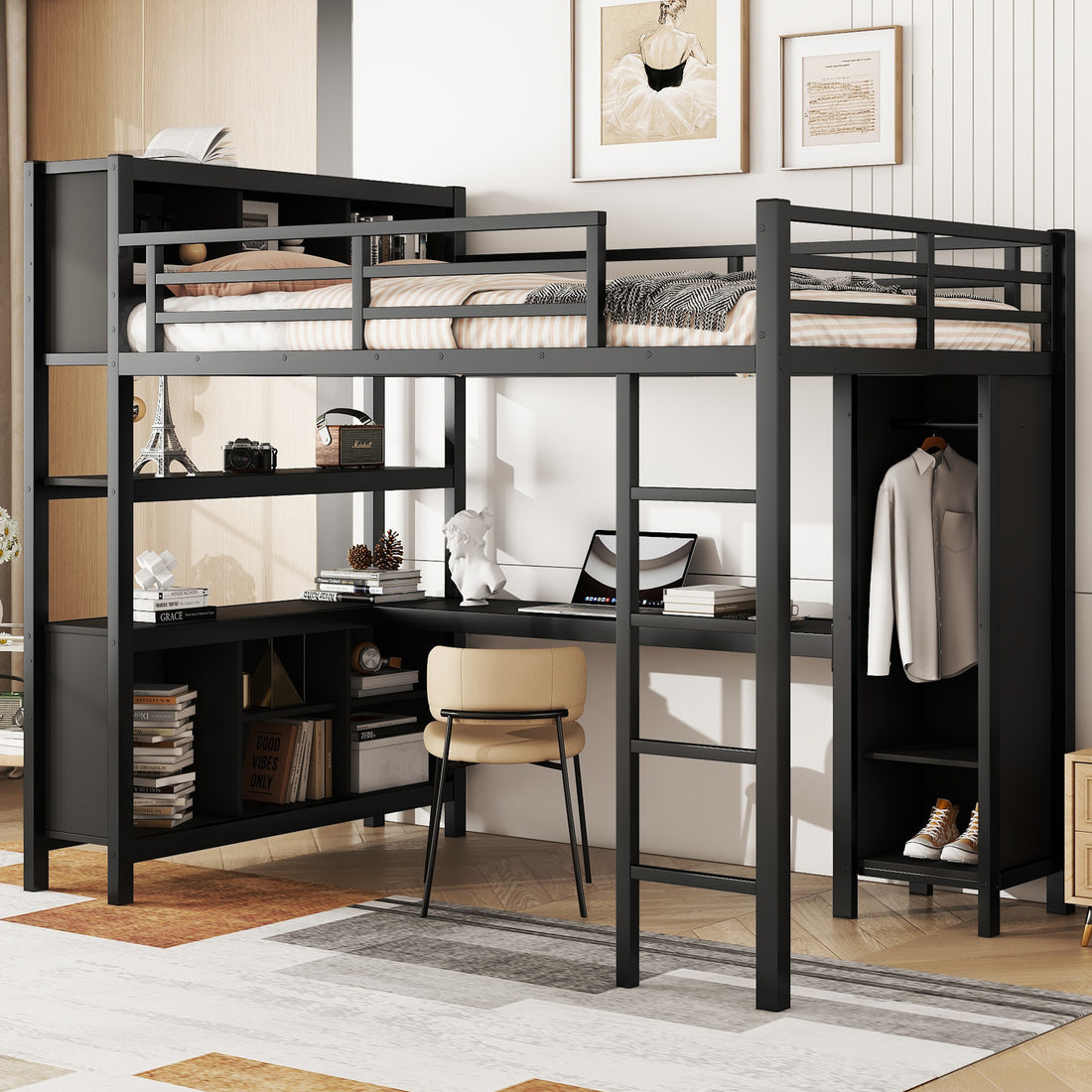 Metal Loft Bed With Wardrobe And L Shaped Desk, Full Size Loft Bed With Storage Cubes And Shelves, Heavy Duty Loft Bed For Kids Teens Adults, Black Full Black Metal
