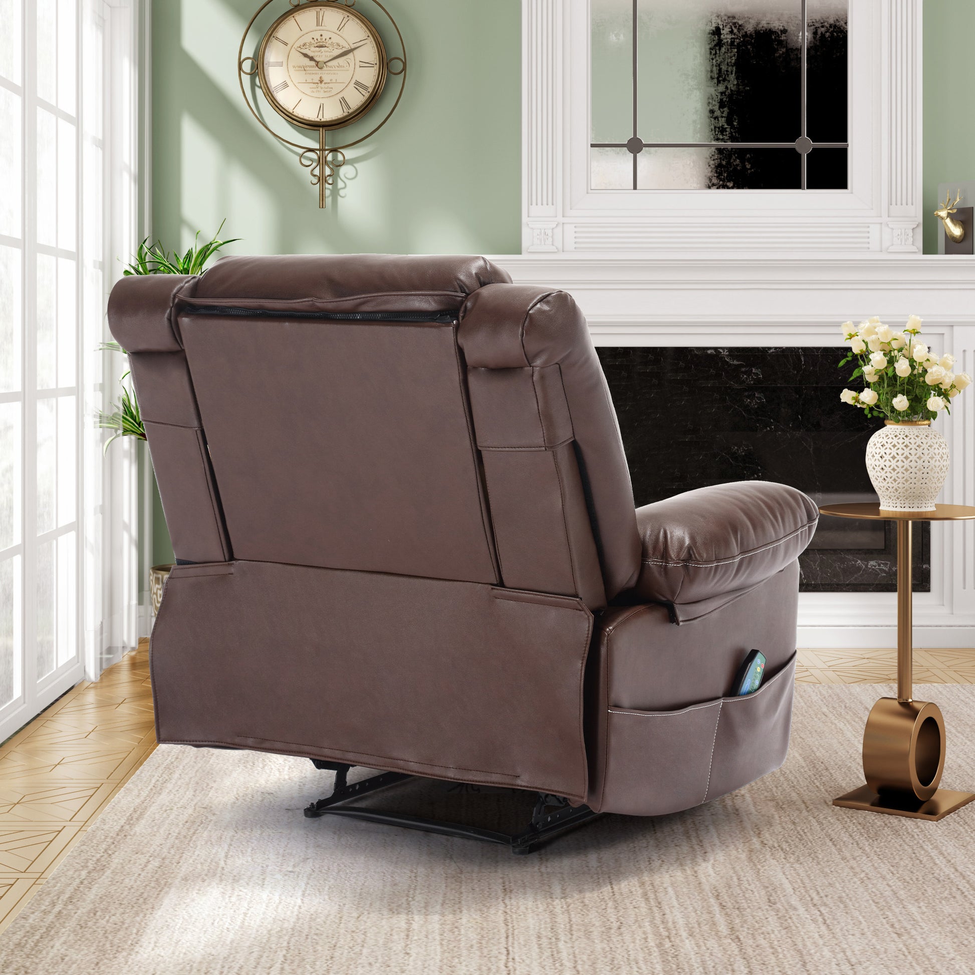 Leather Massage Recliner Chair Manual Living Room Reclining Sofa Brown Faux Leather Manual Handle Metal Primary Living Space Soft Cushion Back Heavy Duty American Design,American Traditional,Antique,Classic Pillow Top Arms Foam Pu Leather