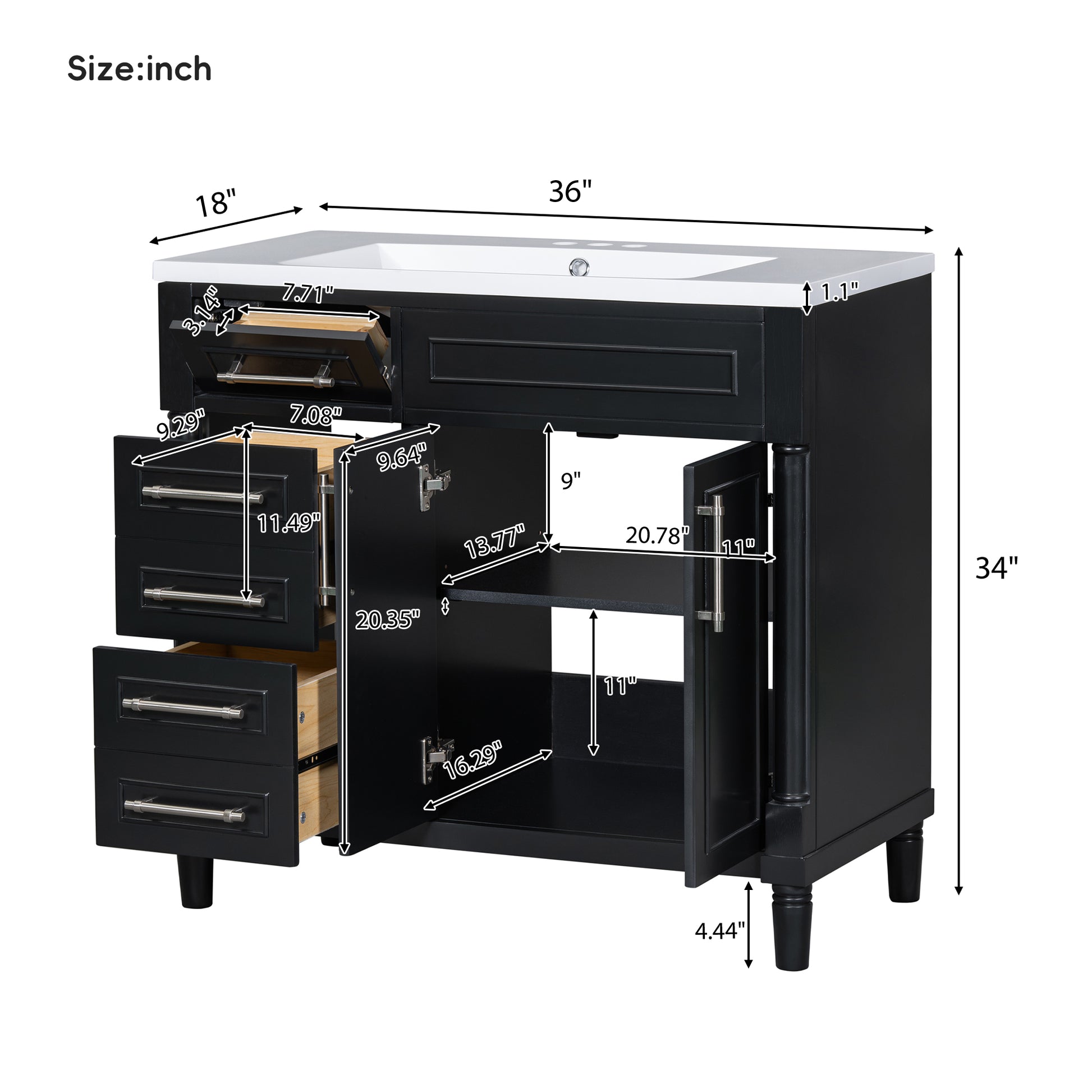 36'' Bathroom Vanity With Top Resin Sink, Freestanding Bathroom Storage Cabinet With 2 Drawers And A Tip Out Drawer, Solid Wood Frame Vanity Set, Height Adjustable Shelf 3 Black 2 2 Adjustable