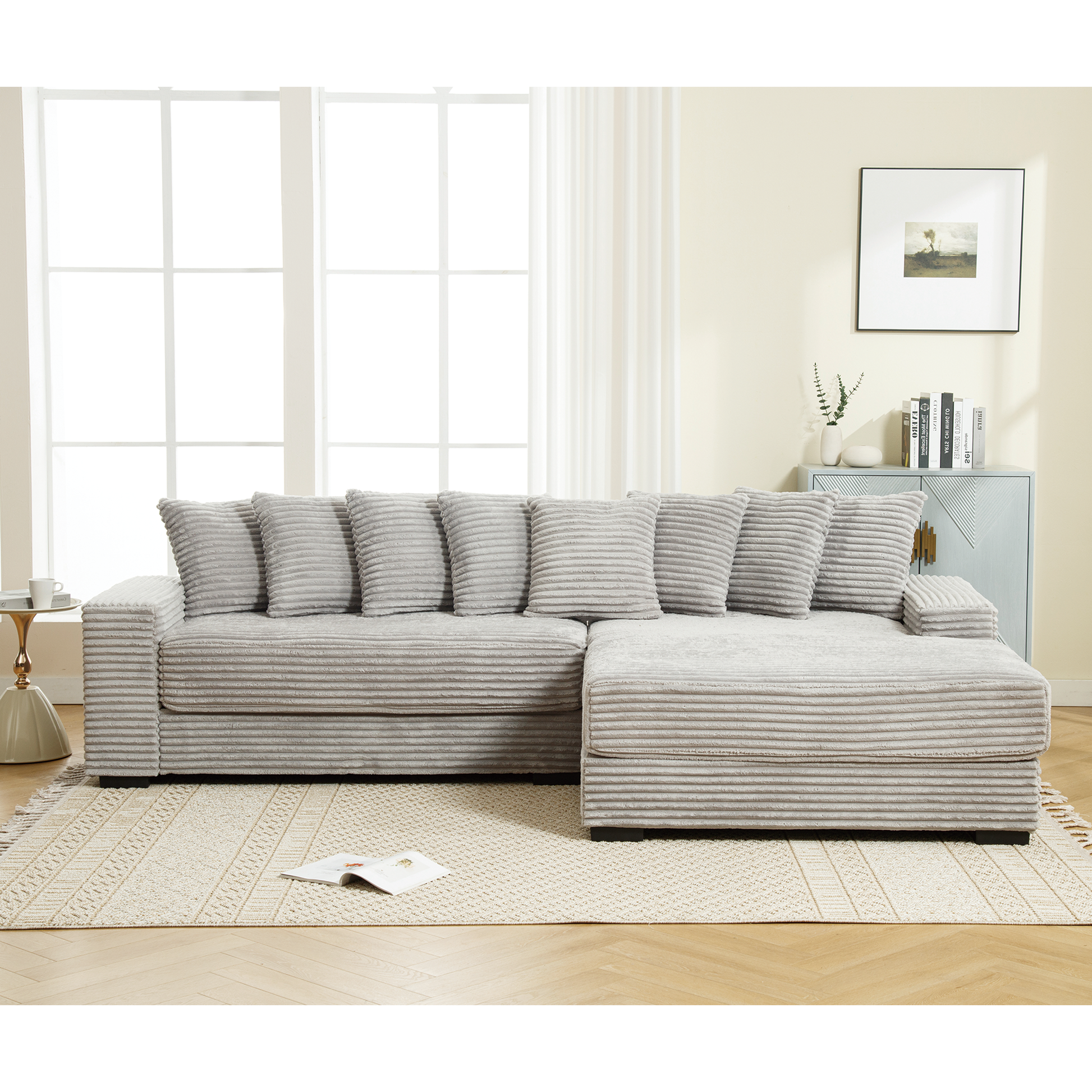 Arrived Oversized Two Piece Couches, L Shaped Sofa, Corduroy, Right Chaise Daybed,With Armrests,Eight Throw Pillows,Corner Sofa,Easy To Assemble, Gray Gray Polyester Wood Primary Living Space Medium Soft Pillow Back Modern Square Arms Wood 3 Seat