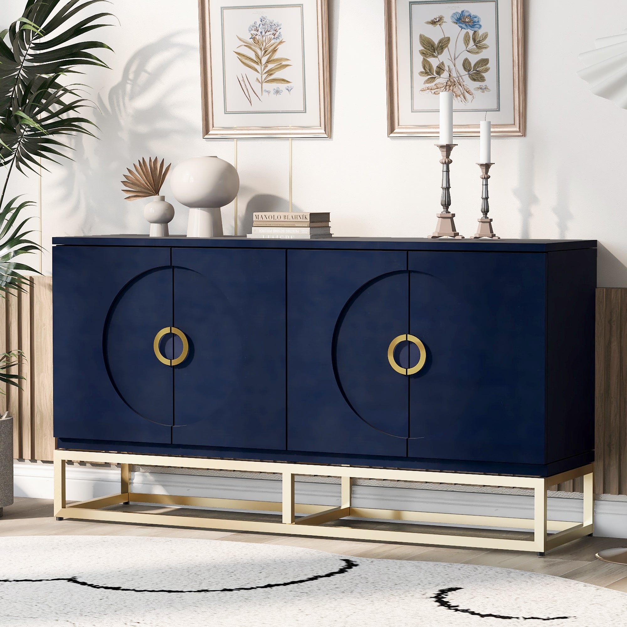 Four Door Metal Handle Storage Cabinet, Adjustable Shelves, Suitable For Corridor, Entrance, Living Room, Study Navy Blue Mdf