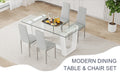 Table And Chair Set.A Rectangular Dining Table Features With Tempered Glass Top And Sleek White Mdf Stand.Paried With 4 Pu Chairs With Checkered Armless High Back And Electroplated Metal Legs. Light Gray,White Seats 4 Mdf Glass