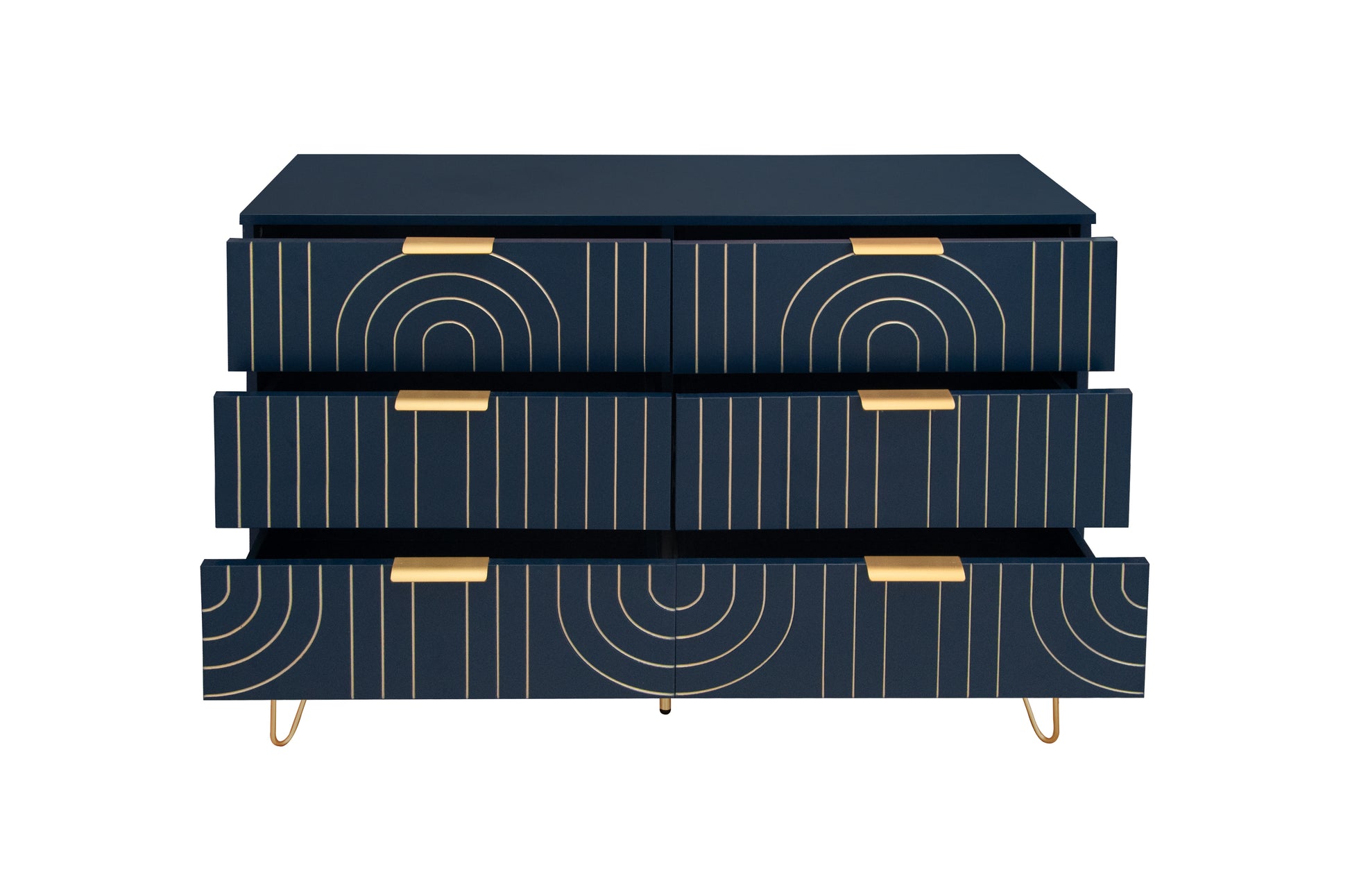 Modern 6 Drawer Dresser, Modern Dresser With Metal Handles, Storage Chest Of Drawer, Wide Dresser Drawer Organizers With Carving Design For Bedroom, Living Room, Hallway 5 Or More Drawers Dark Blue Modern Particle Board Mdf