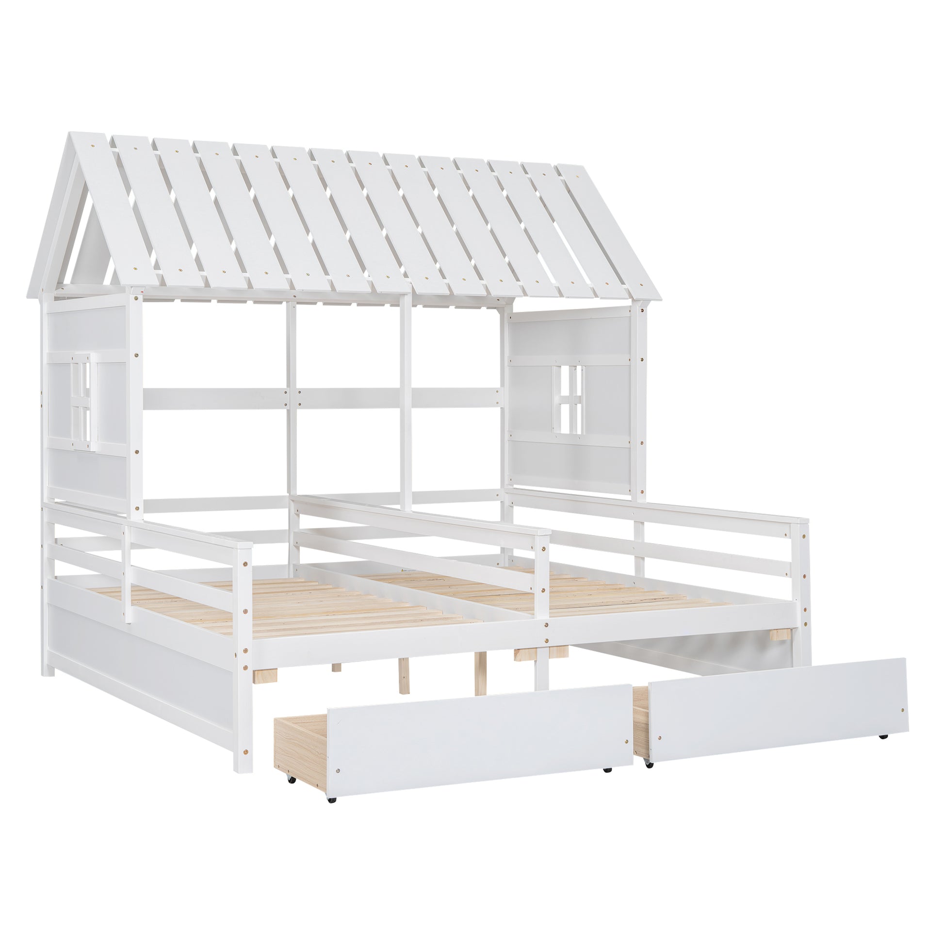 Twin Size House Platform Beds With Two Drawers For Boy And Girl Shared Beds, Combination Of 2 Side By Side Twin Size Beds,White Twin White Solid Wood Mdf