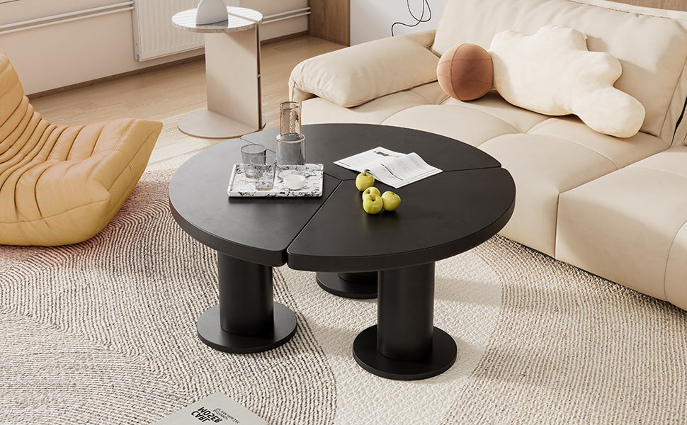 39.4'' Easy Assembly Round Petal Shaped Coffee Table, Cream Style Center Table With 3 Thick Legs, Minimalist Irregular End Table With Sleek Round Edges For Living Room, Black Black Mdf