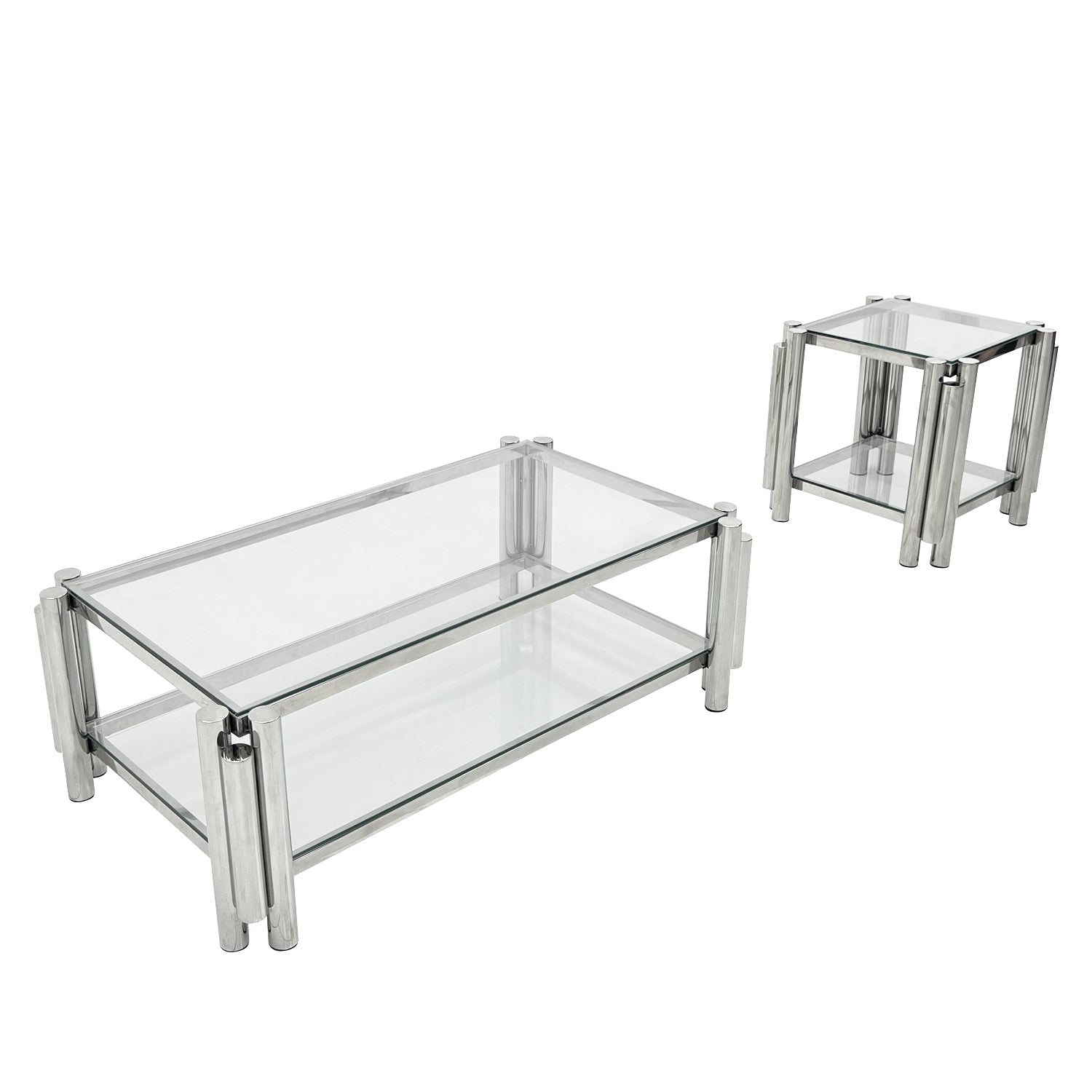 Modern Stainless Steel Coffee Table Set Set Of 2 , Double Layer Clear Tempered Glass Table Top, Coffee Table & End Side Table 2 Pieces Sets For Living Room Home Office, Silver Clear,Silver Modern