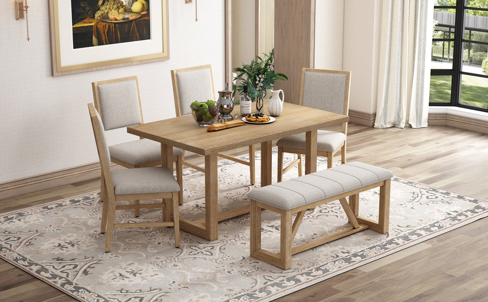 6 Piece Retro Dining Set, 1 Rectangular Table With Designed Trestle Base And 4 Upholstered Chairs And 1 Bench For Dining Room And Kitchen Natural Natural Solid Wood Mdf