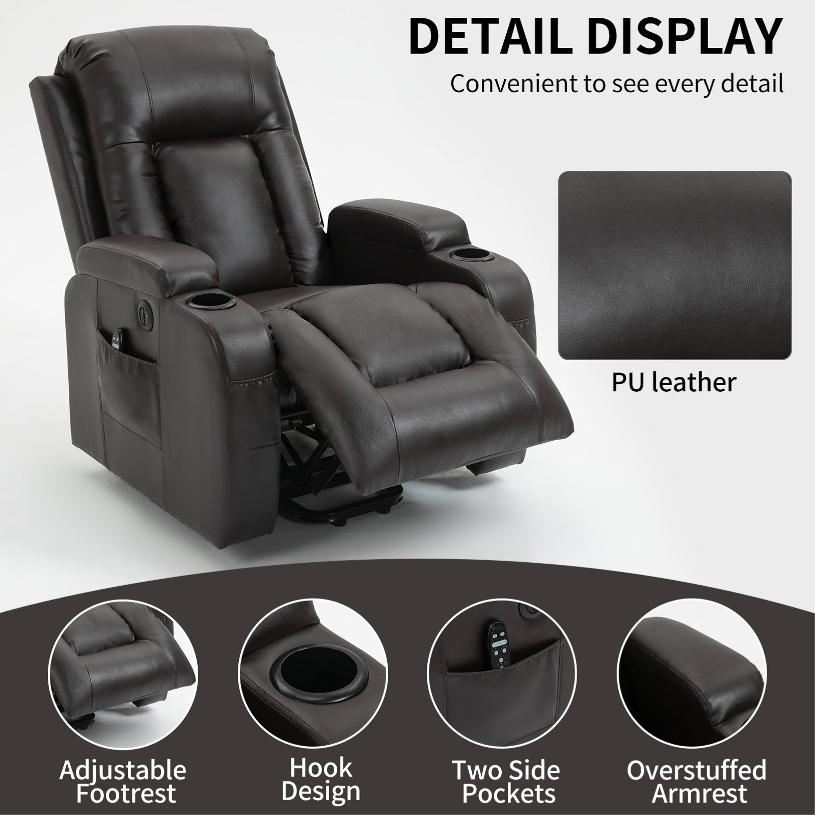 Infinite Position Up To 350 Lbs Power Lift Recliner Chair For Elderly, Heavy Duty Motion Mechanism With 8 Point Vibration Massage And Lumbar Heating, Usb Charging Port, Cup Holders, Brown White