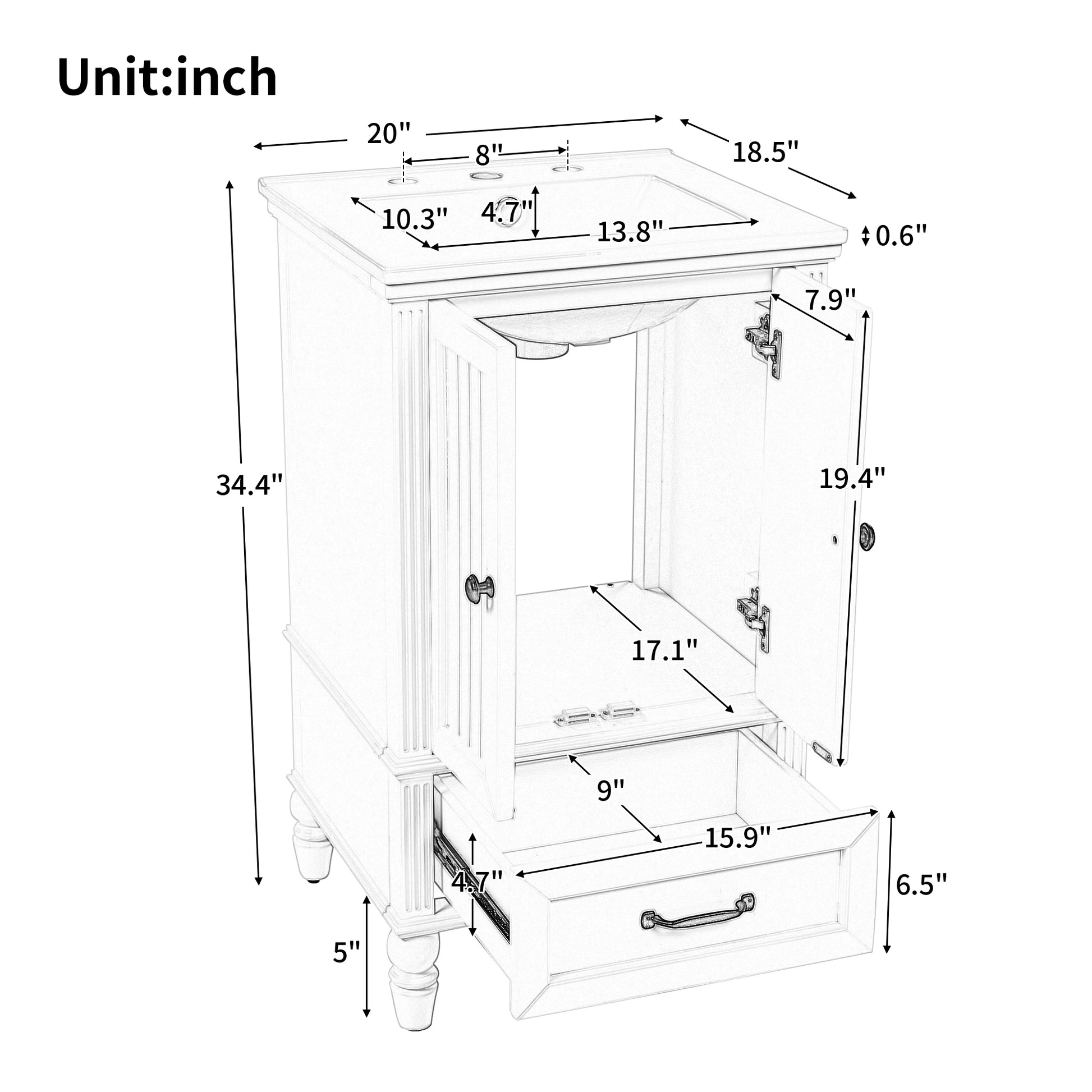 20" Bathroom Vanity With Sink, Bathroom Cabinet With Two Doors, Magnetic Door Stopper And Adiustable Foot Pads, A Drawer, White White Mdf