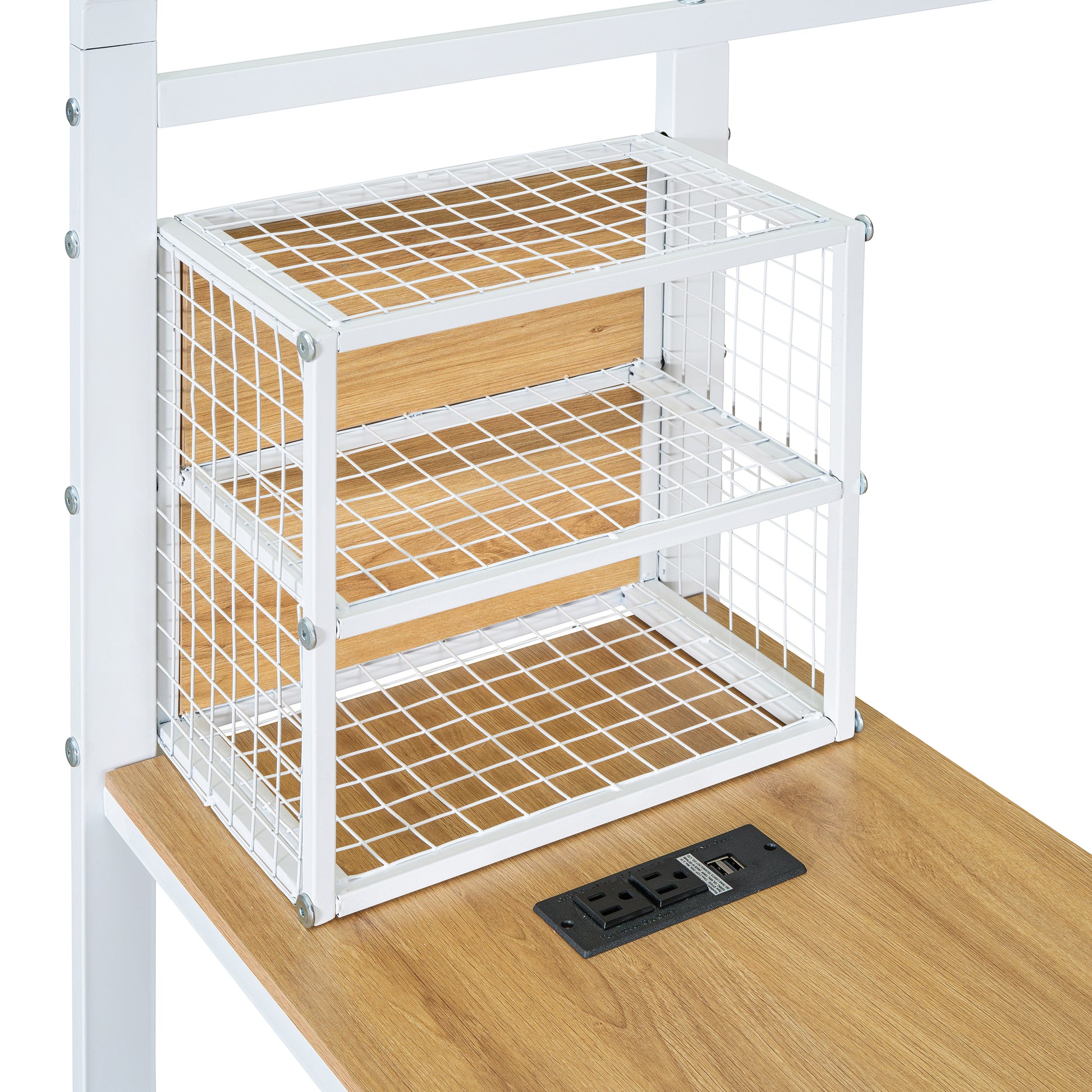 Twin Size Metal Bed House Bed Frame With Desk, Shelves, Power Outlets And Usb Ports, White Twin White Metal