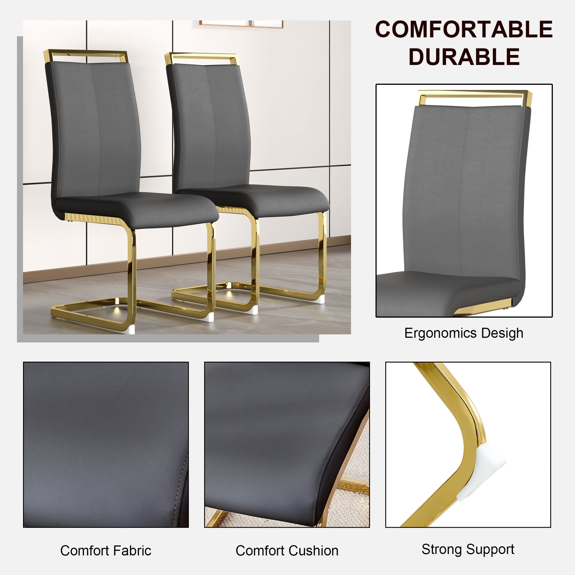 Table And Chair Set, The Table Is Equipped With A Marble Patterned Mdf Tabletop And Gold Table Legs.The Chair Is Equipped With Pu Synthetic Leather High Back Cushion And Gold Coated Metal Legs. Grey Gold Seats 4 Mdf Metal