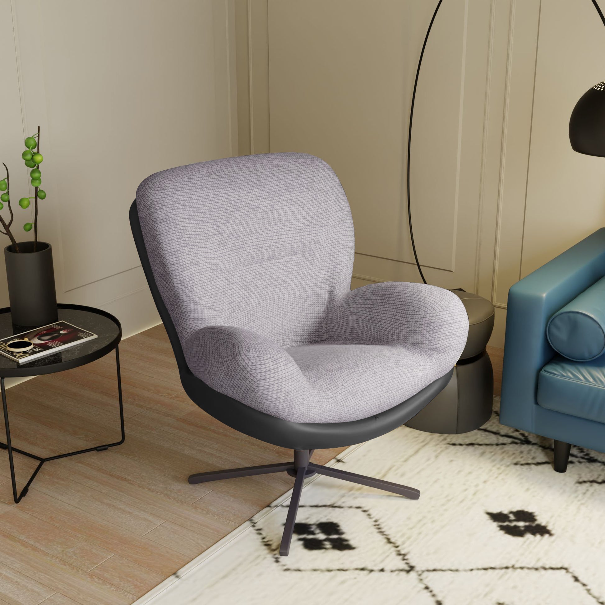 360 Swivel Accent Chair, Modern Chenille Lounge Chair With Faux Leather And Black Metal Base Frame, Comfortable Reading Chair For Small Spaces, Living Room, Bedroom, Reading Corner, Office,Light Gray Black,Light Gray Brown Primary Living Space Art