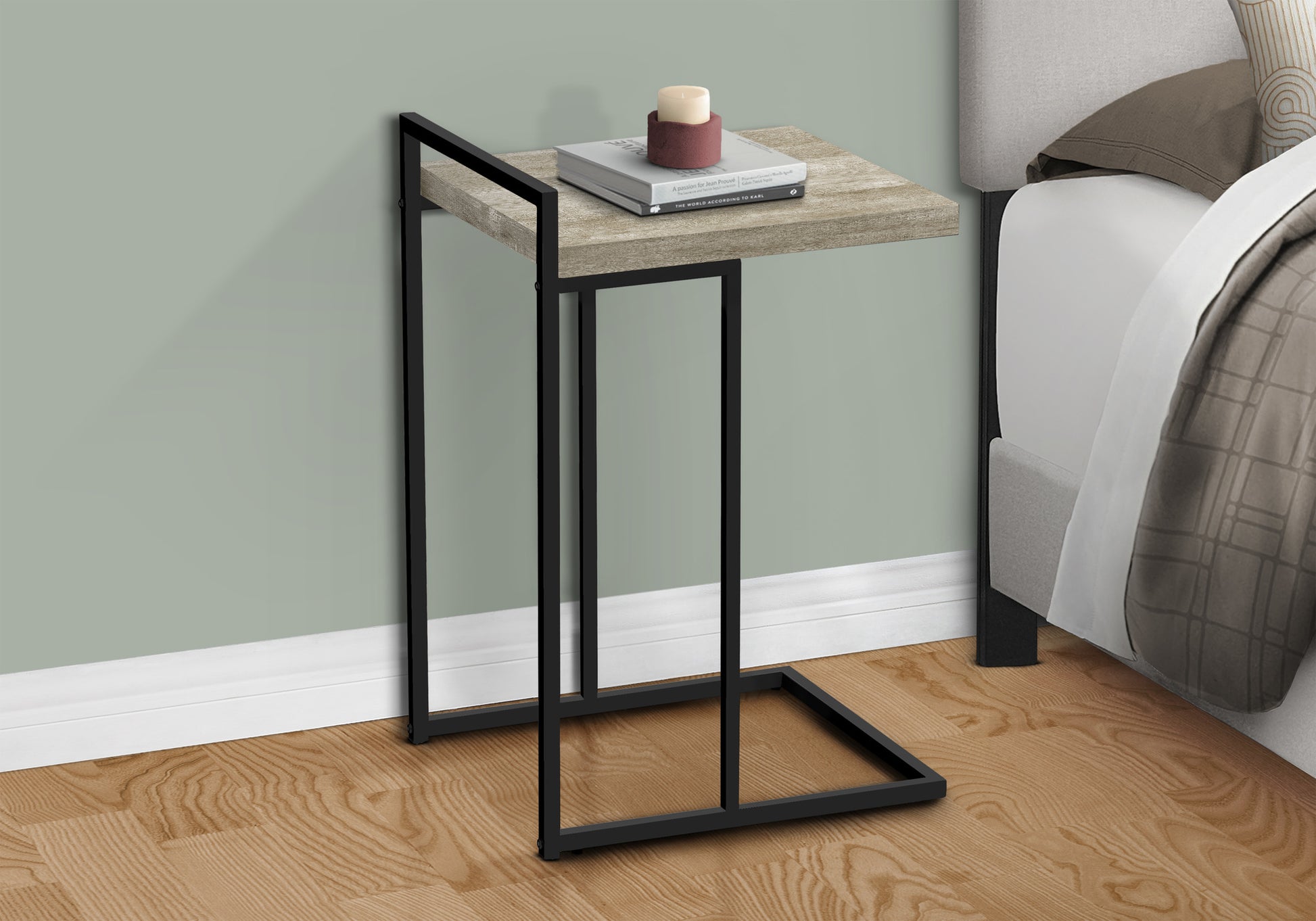 Accent Table, C Shaped, End, Side, Snack, Living Room, Bedroom, Beige Laminate, Black Metal, Contemporary, Modern Taupe Particle Board