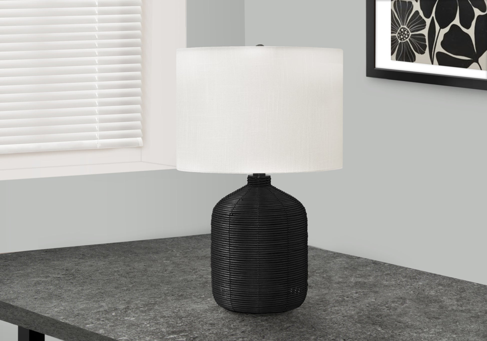 Lighting, 23"H, Table Lamp, Black Rattan, Ivory Cream Shade, Modern Black Rattan