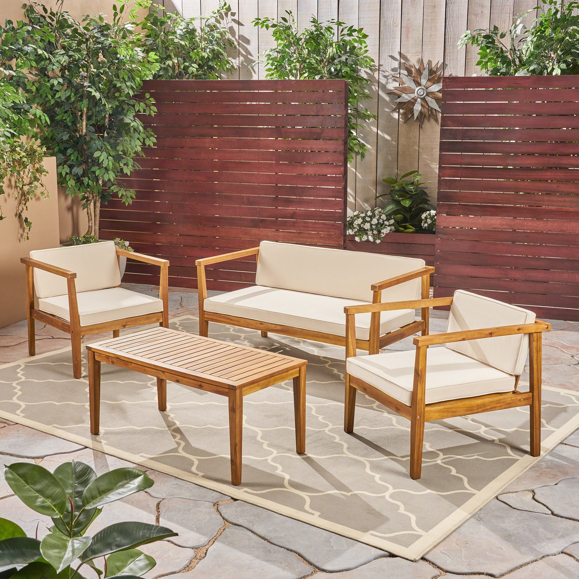 Outdoor 4 Seater Acacia Wood Chat Set With Coffee Table With Cushions, Teak And Beige Beige Acacia Wood