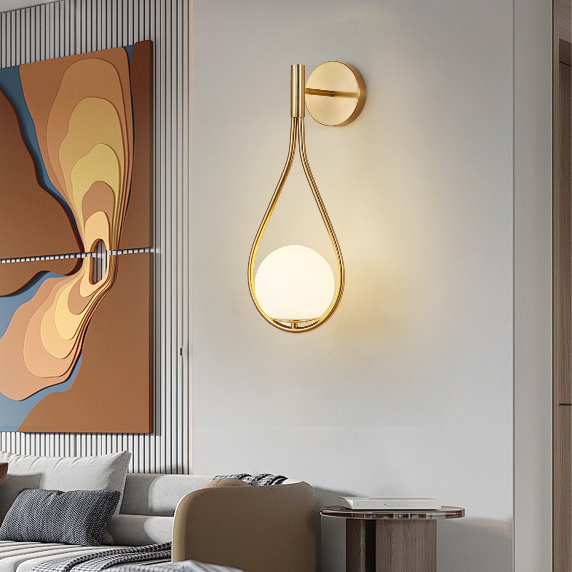 Set Of 2 Modern Golden Wall Sconces With Opal Glass Globe, Mid Century Design, Luxury Wall Lights For Bedroom, Living Room, Hallway No Bulb Golden Glass,Iron