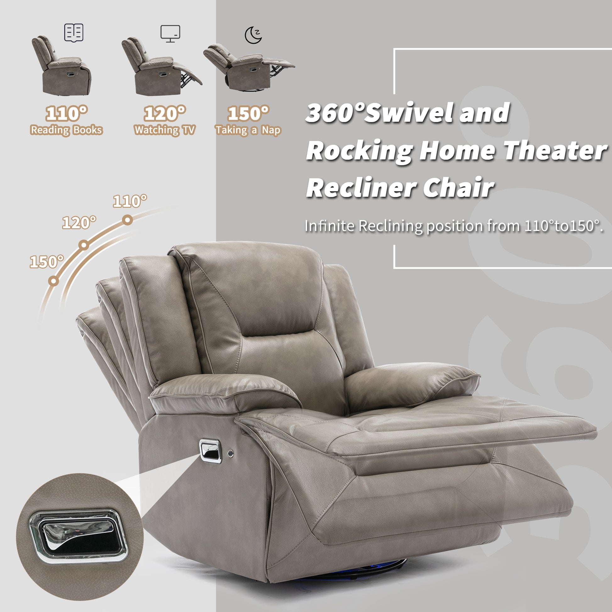 Home Theater Recliner Set Manual Recliner Chair With A Led Light Strip Two Built In Cup Holders For Living Room,Bedroom, Grey Grey Foam Pu