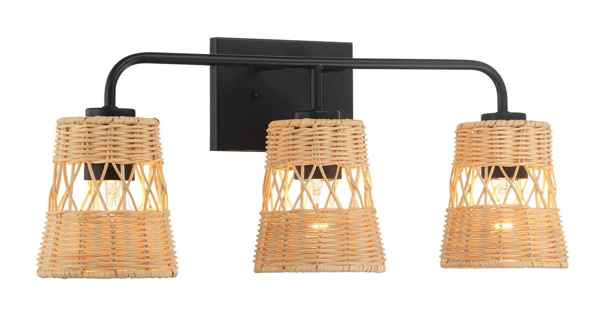 Moonlit Three Lights Wall Sconce With Rattan Shade, Bathroom Lighting Fixtures Over Mirror Black,Rattan Metal,Rattan