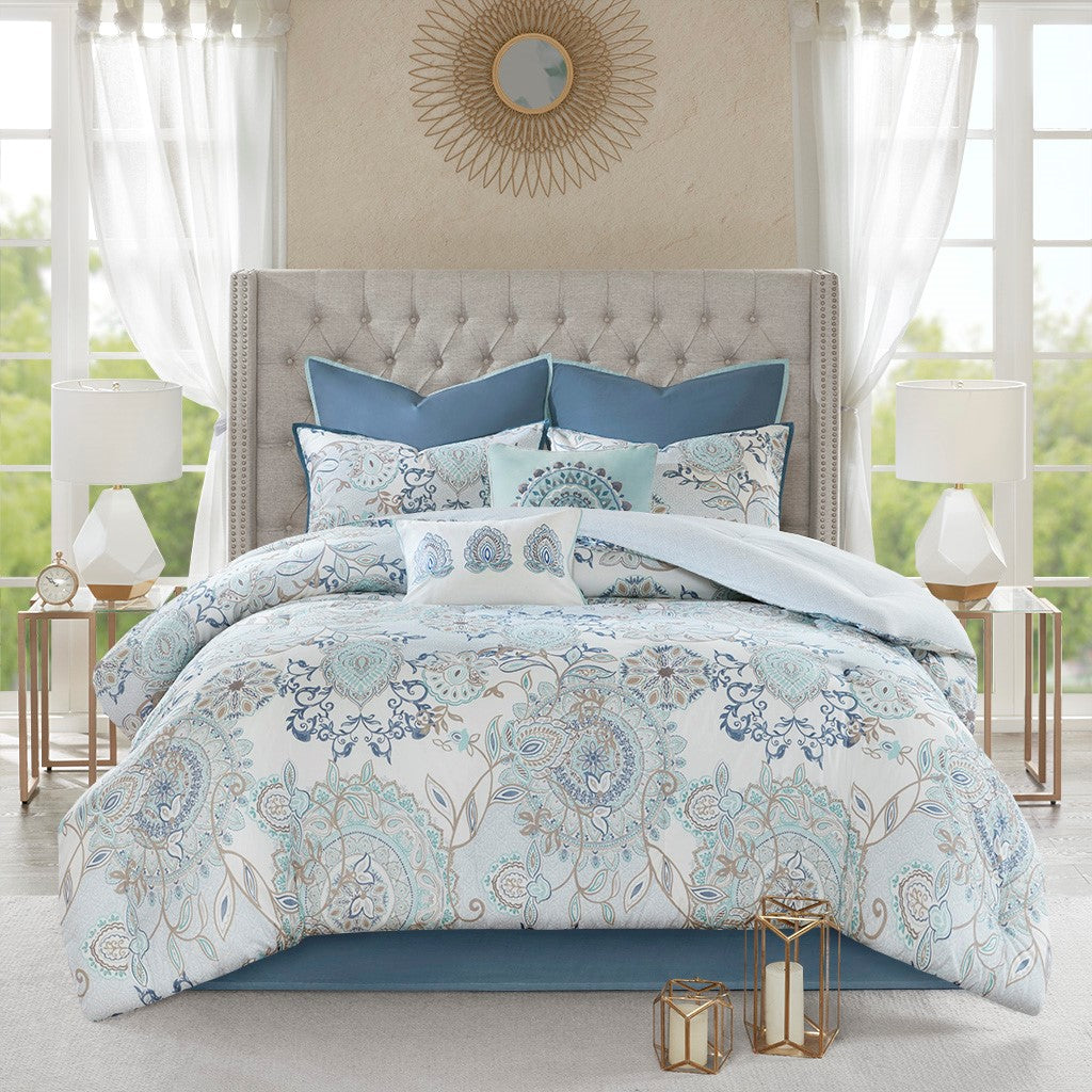 8 Piece Cotton Floral Printed Reversible Comforter Set Blue Cal King California King Blue Cotton