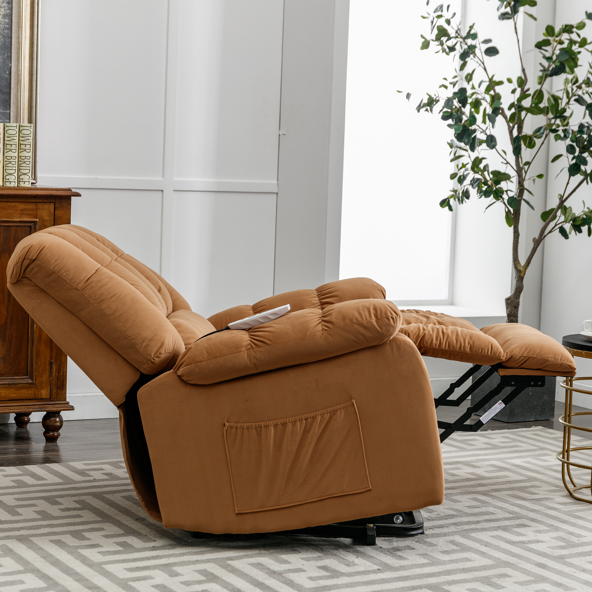 Massage Recliner Chair Electric Power Lift Recliner Chairs With Heat, Vibration, Side Pocket For Living Room, Bedroom, Light Brown Light Brown Velvet