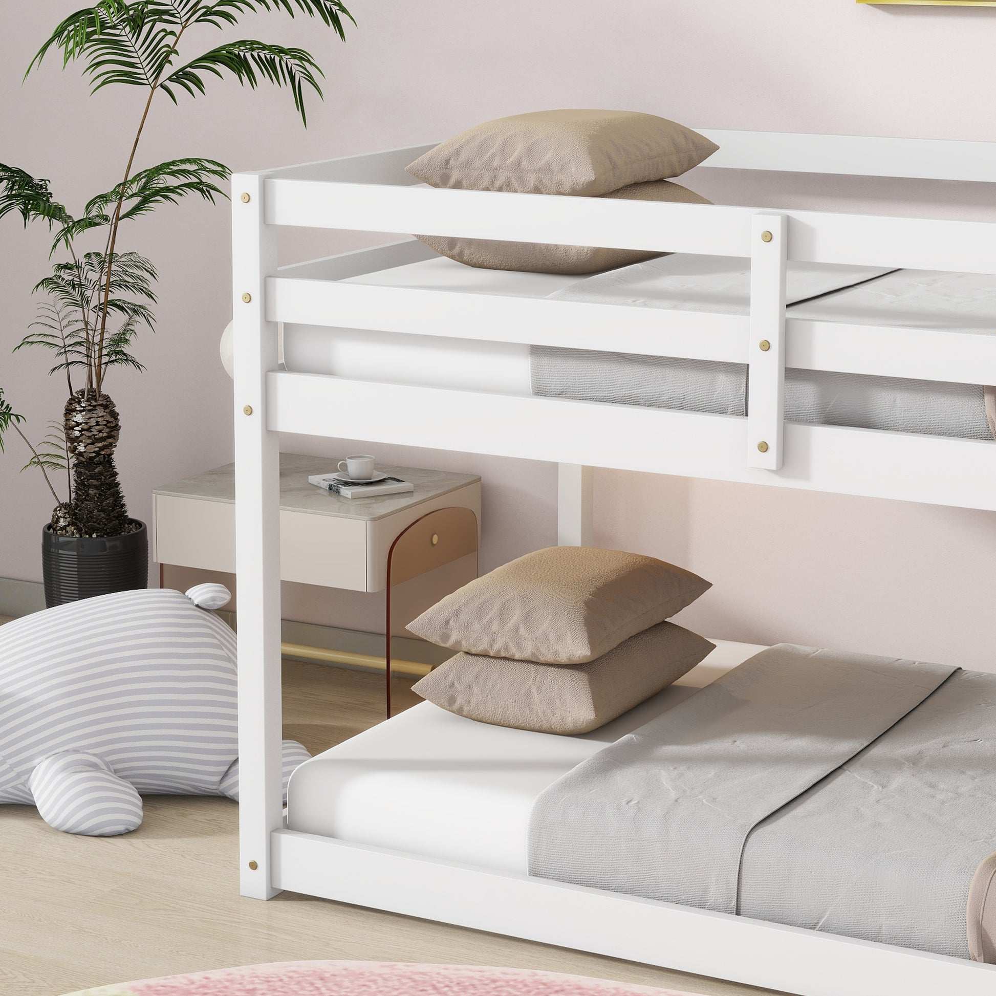 Solid Wooden, Solid Rubber Wooden Twin Over Twin Loft Bed With Ladder, With Bed Platform Of Strengthened Slats,White Twin White Rubber Wood