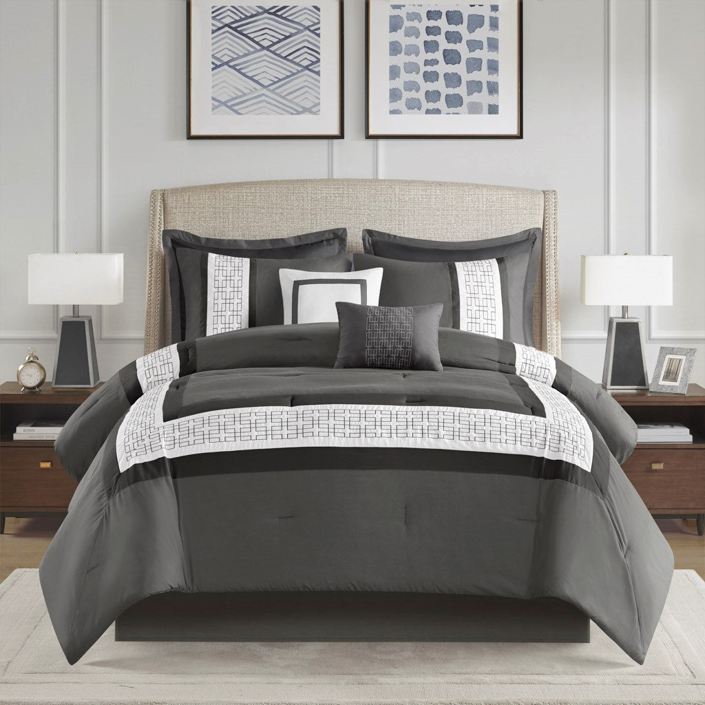 8 Piece Embroidered Comforter Set Dark Grey Queen Dark Grey Polyester