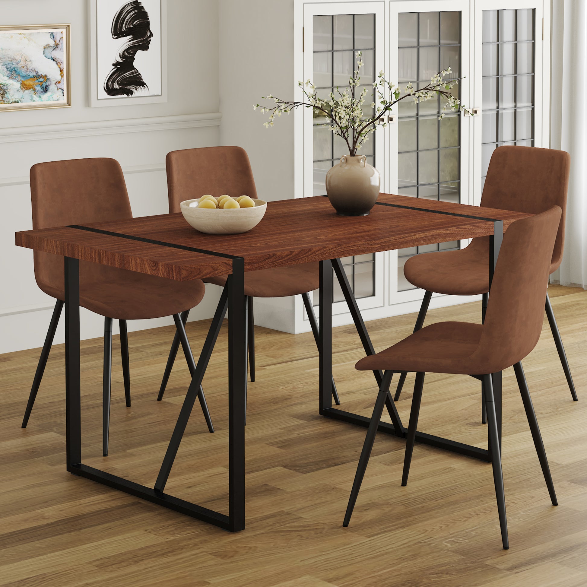 Table And Chair Set. A Minimalist Retro Rectangular Dining Table With A Specially Textured Top And Black Metal Legs, Paired With Soft Chairs And Black Metal Legs, Showcases A Beautiful Home Style.