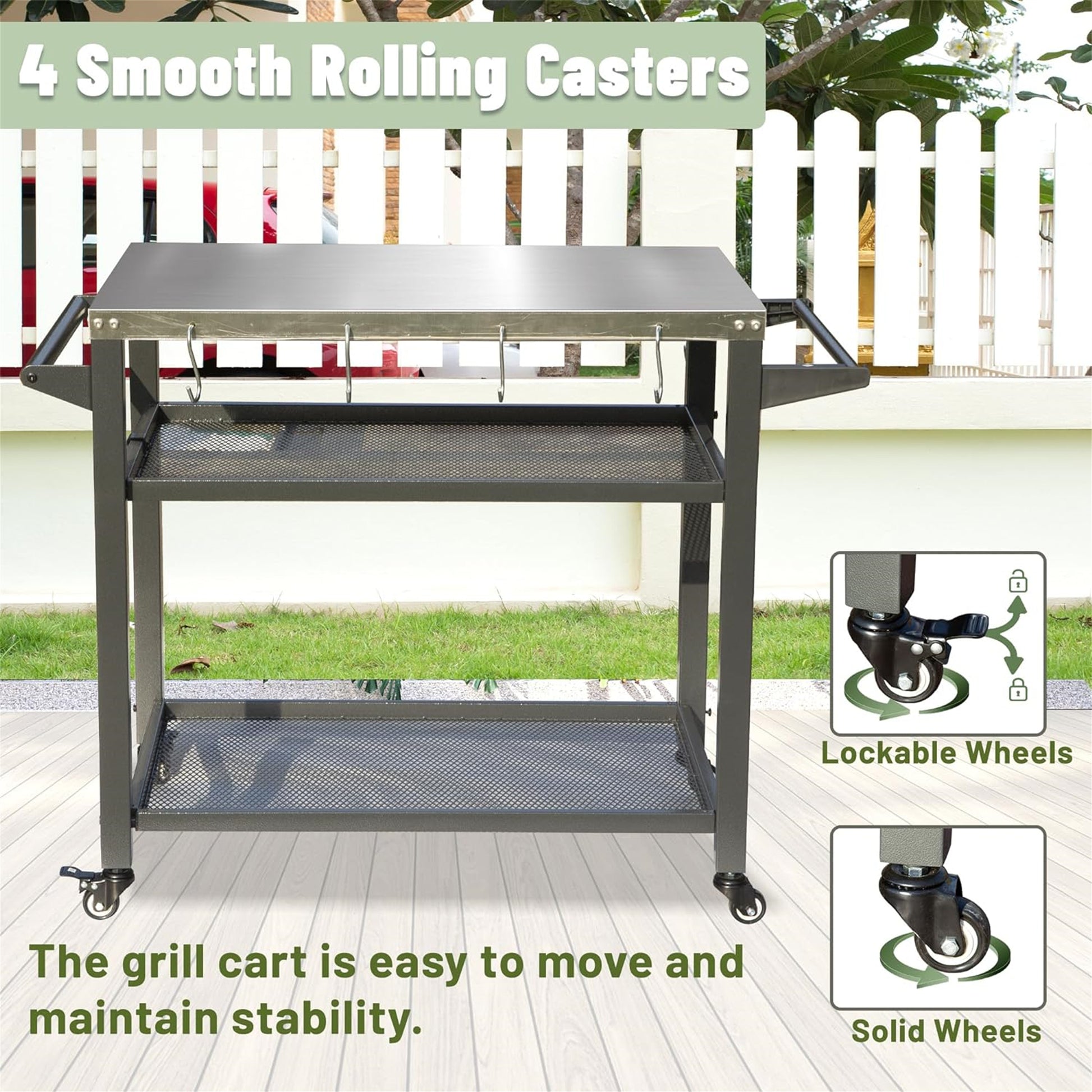 3 Shelf Outdoor Grill Table, Grill Cart With Wheels, Outdoor Pizza Oven And Food Prep Table, Blackstone Table With Stainless Steel Tabletop, Grill Stand For Blackstone Griddle For Outside Bbq Grey