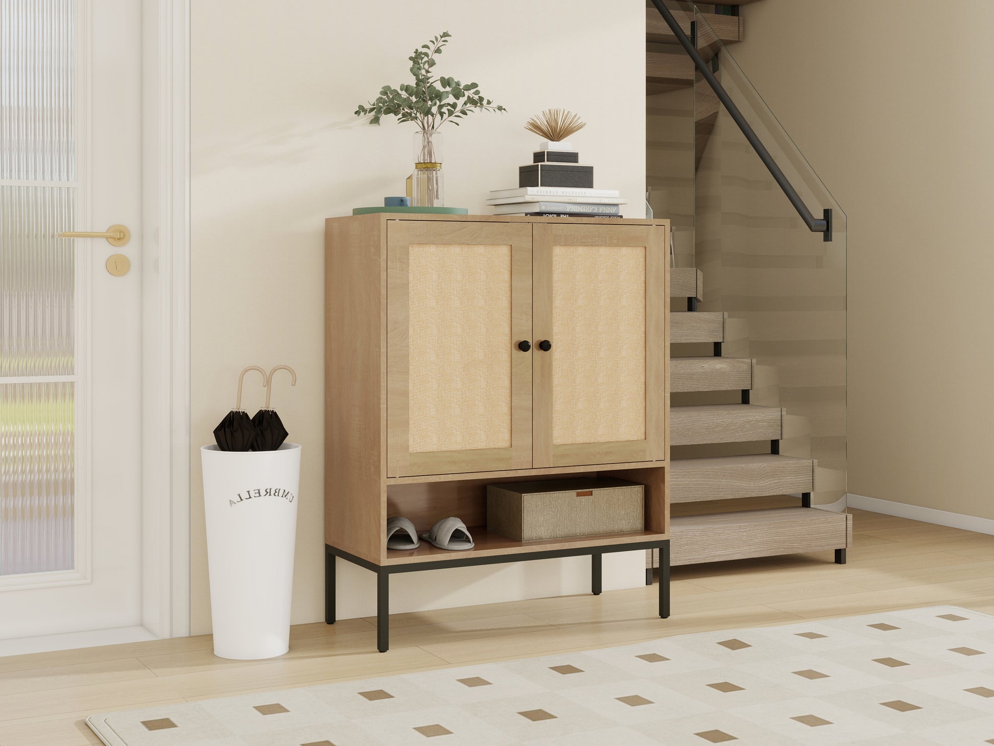 Rattan Shoe Cabinet With Adjustable Shelves, 5 Tier Shoe Storage Cabinet With Doors & Bottom Cubby, Wooden Shoes Rack Organizer For Entryway, Natural Natural Wood Mdf Metal