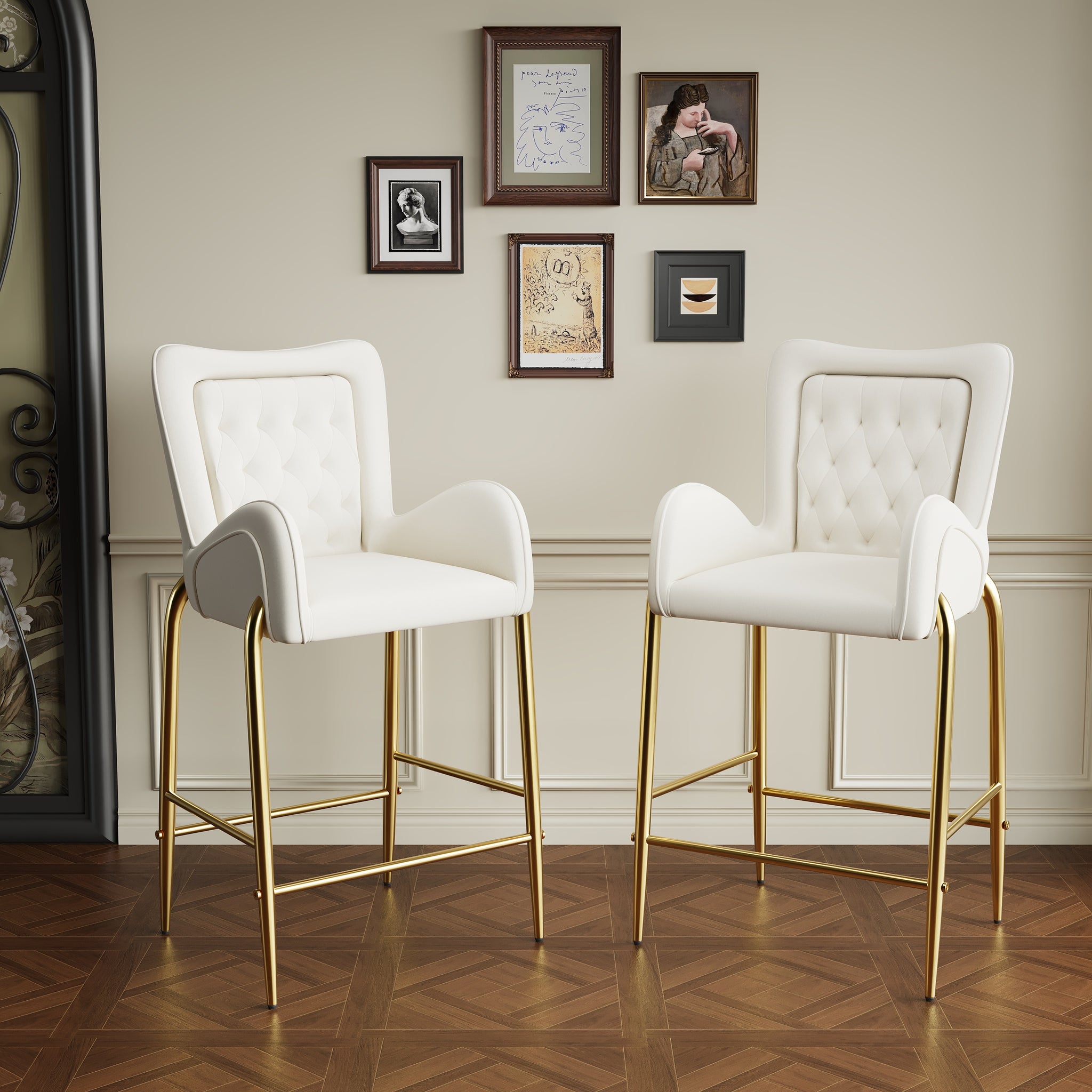 28.75Inch Counter Height Bar Stools Set Of 2, Bar Height Arm Chairs, Velvet Fabric Stools With Golden Legs And Footrests, White Solid Kitchen Tufted Back Set Of 2 Wood White Powder Coated Foam Spot