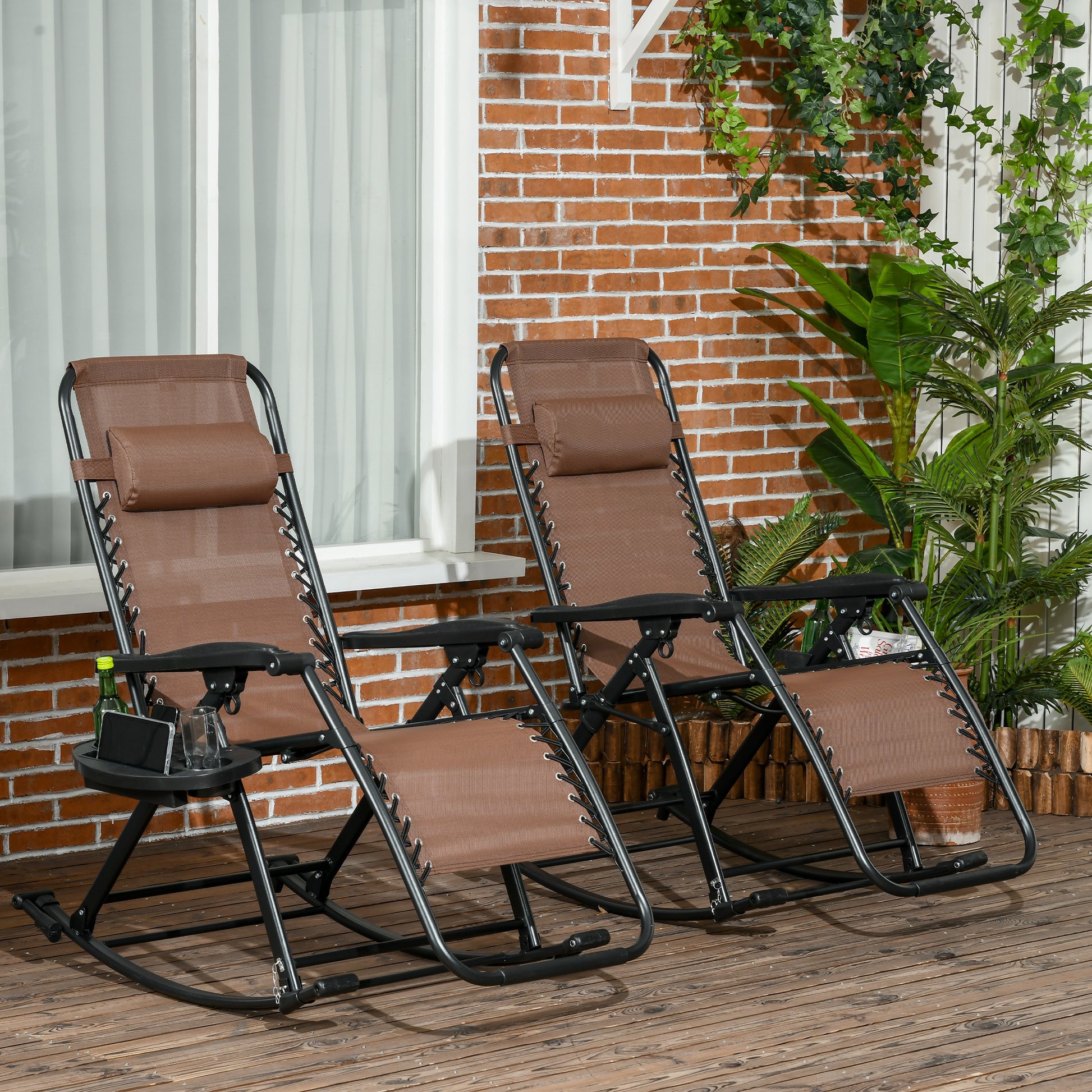 Outsunny Set Of 2 Outdoor Rocking Chairs, Foldable Reclining Zero Gravity Lounge Rocker With Pillow, Cup & Phone Holder, Combo Design With Folding Legs, Brown Brown Fabric Metal