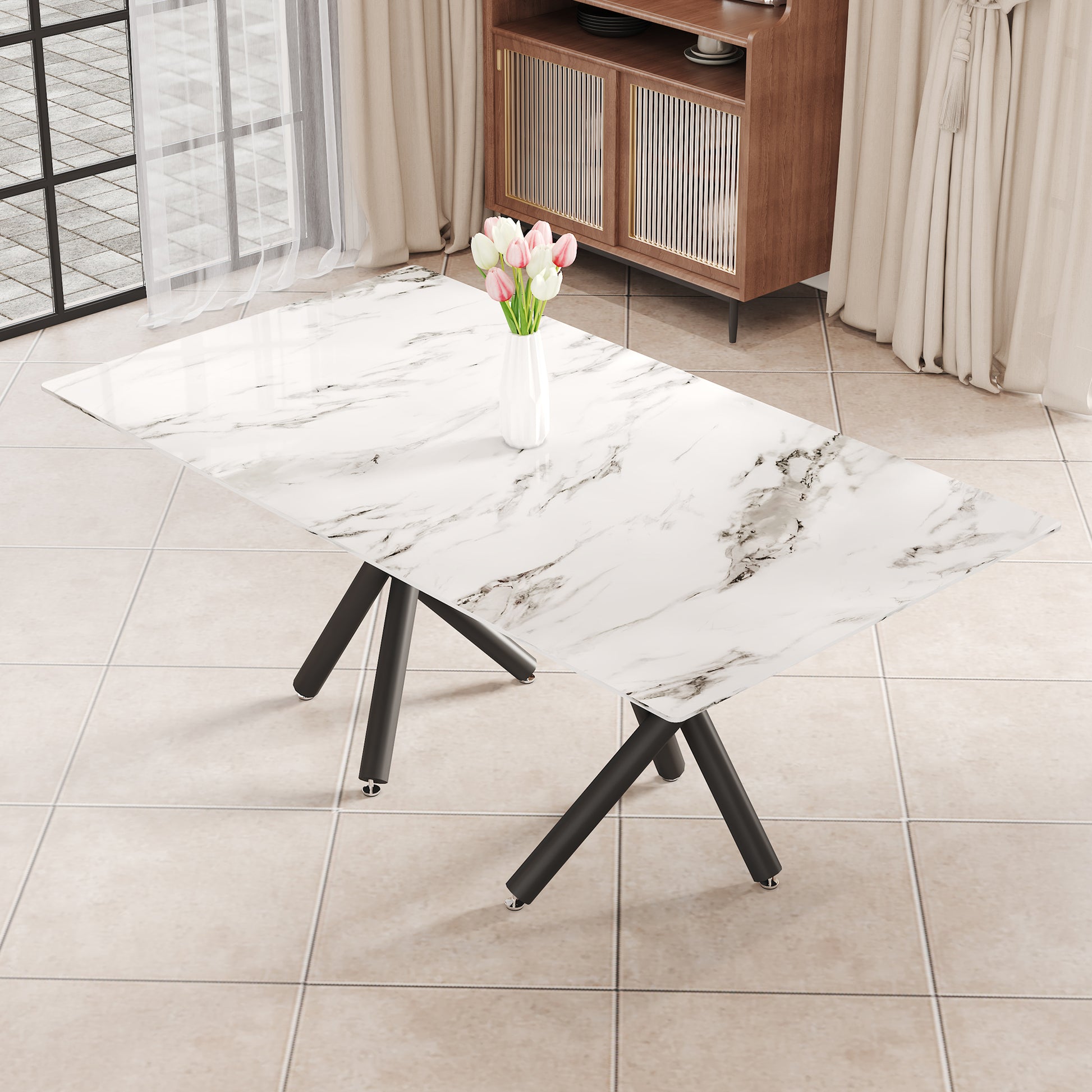 Large Modern Minimalist Rectangular Glass Dining Table, Suitable For 6 8 People, 0.39 Inch Imitation Marble Tabletop And Black Metal Legs, Used For Kitchen, Dining Room, Living Room, Conference Room. White Black Glass