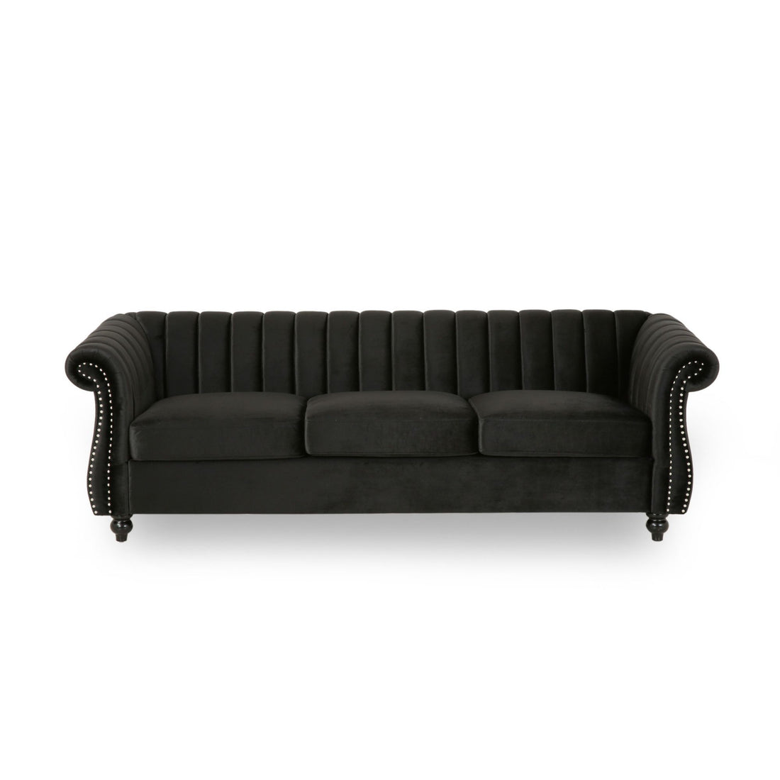 84 Inch Black 3 Seater Velvet Sofa Button Tufted With Trim, Curved Backrest, And Rolled Arms, Stylish And Elegant Couch For Modern Living Rooms, Durable Upholstery, Luxury Design Black Velvet Wood Primary Living Space Medium Firm Loose Back Medium Duty