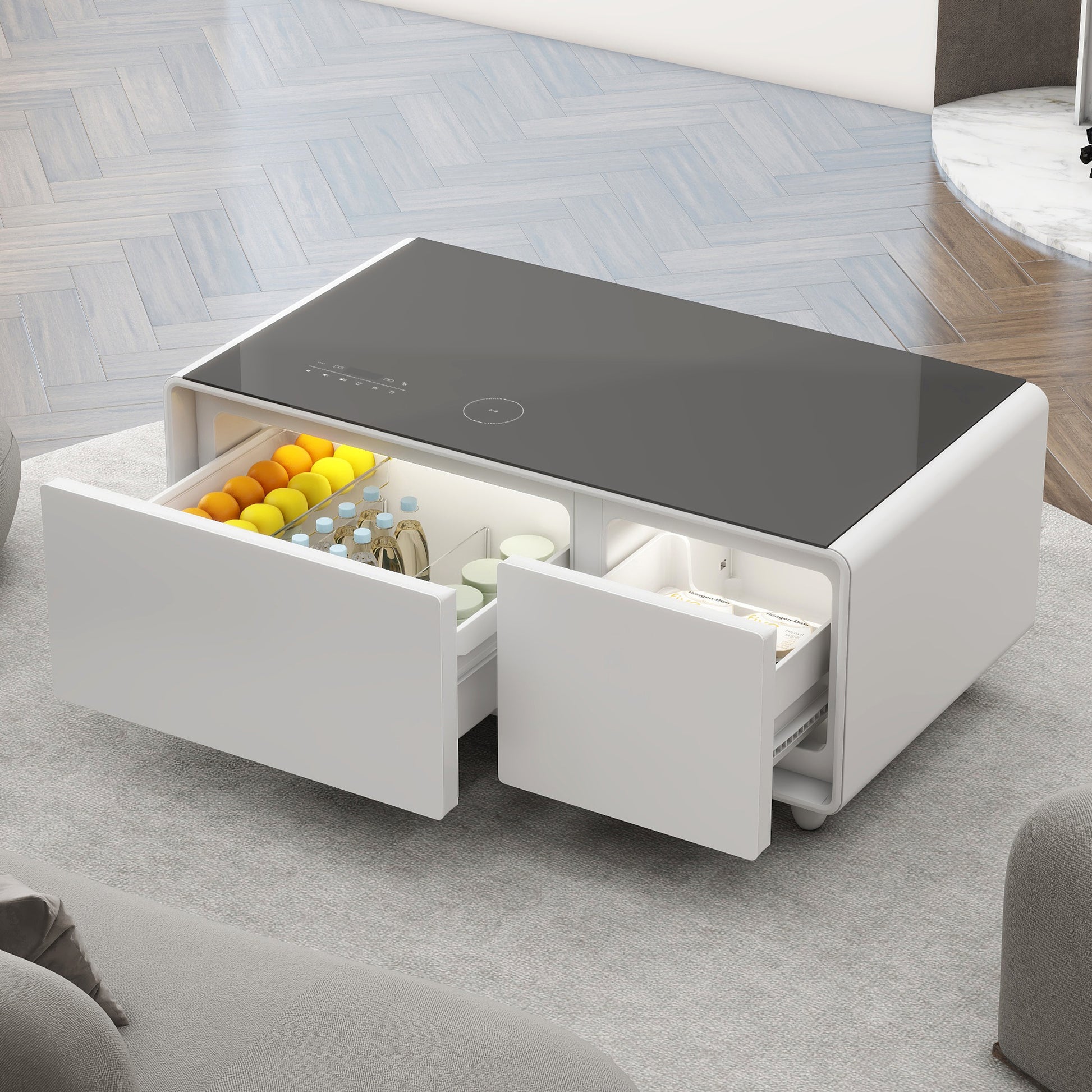Modern Smart Coffee Table With Built In Fridge, Bluetooth Speaker, Wireless Charging, Touch Control Panel, Usb Ports, Outlet Protection, Atmosphere Light, Black Black White Built In Outlets Or Usb Primary Living Space Freestanding Rectangular Drawers