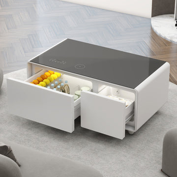 Modern Smart Coffee Table With Built In Fridge, Bluetooth Speaker, Wireless Charging, Touch Control Panel, Usb Ports, Outlet Protection, Atmosphere Light, Black Black White Built In Outlets Or Usb Primary Living Space Freestanding Rectangular Drawers