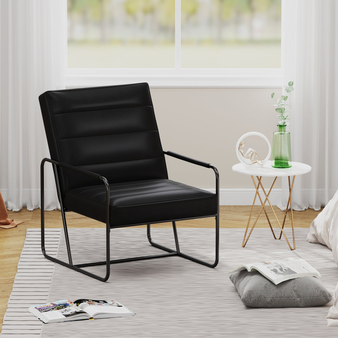 Modern Metal Framed Armchair With Black Technical Leather,Stylish & Comfortable Indoor Lounge Accent Chair For Living Room, Office,Bedroom Black Primary Living Space Modern Technical Leather