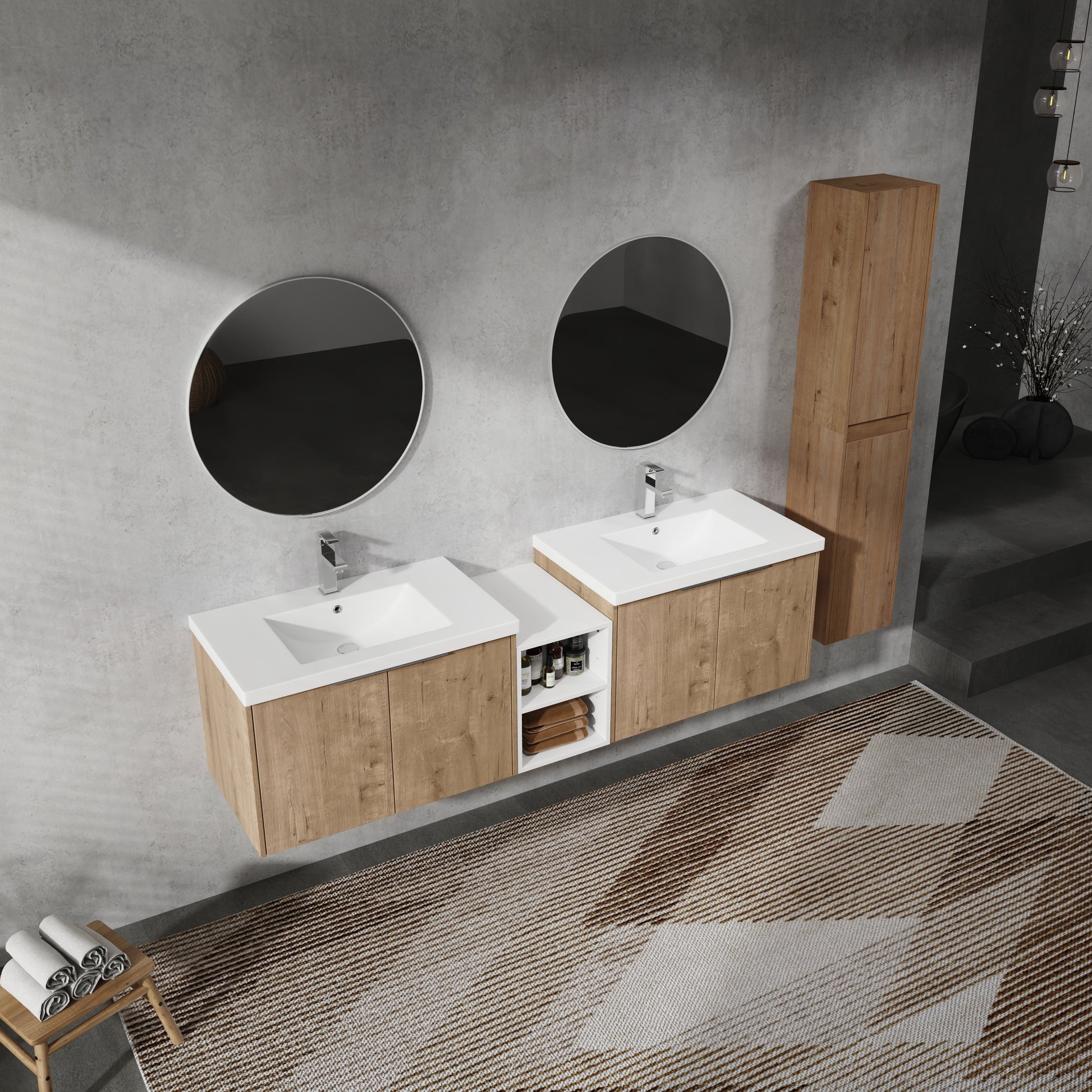 72" Wall Mounted Bathroom Vanity With Sink And Side Cabinet, Soft Close Doors,00112Imo 00630Imox2 00612Gwh Combination Cabinet Kd Packing Imitative Oak Bathroom Modern Plywood Plywood