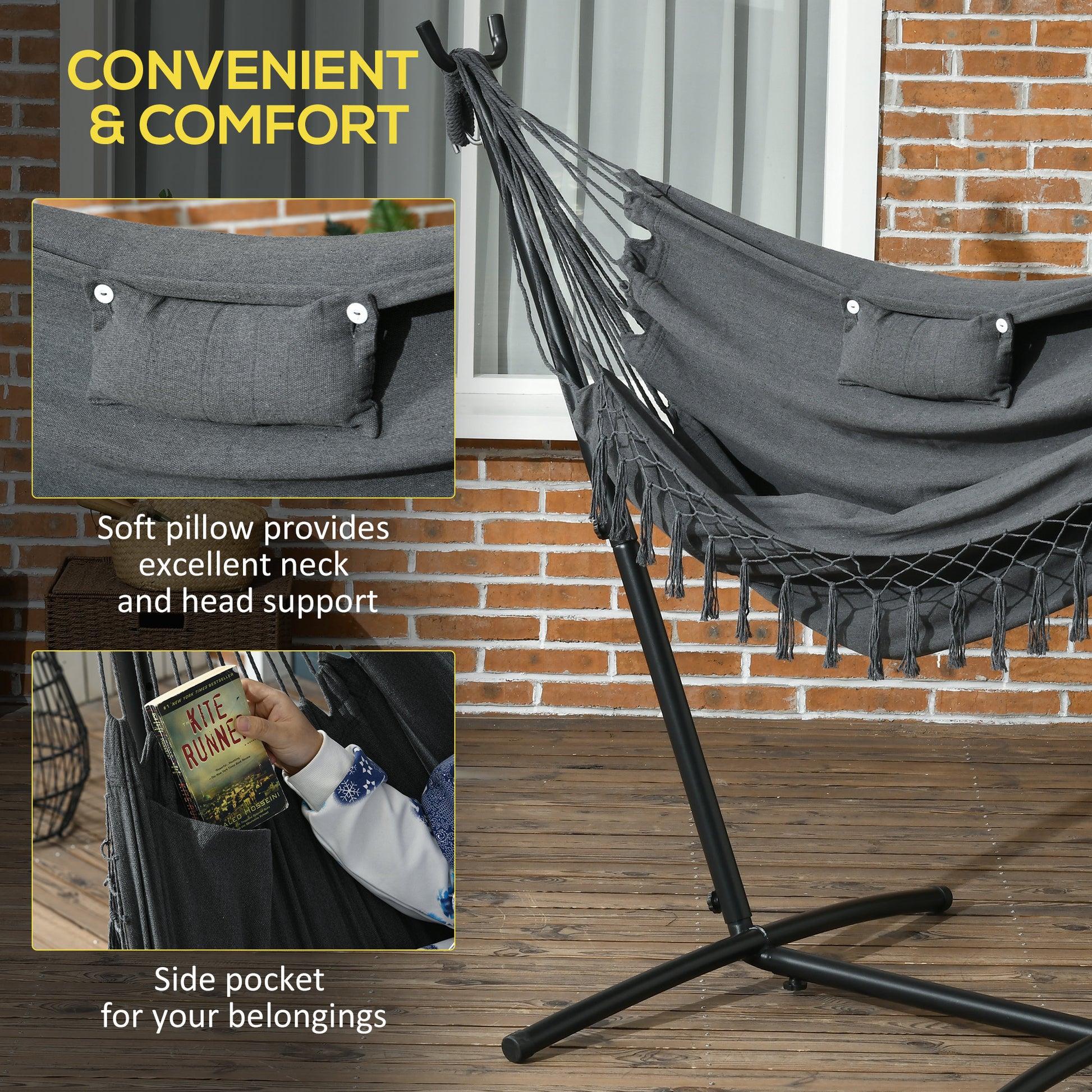 Outsunny Patio Hammock Chair With Stand, Outdoor Hammock Swing Hanging Lounge Chair With Side Pocket And Headrest, Dark Gray Gray Steel