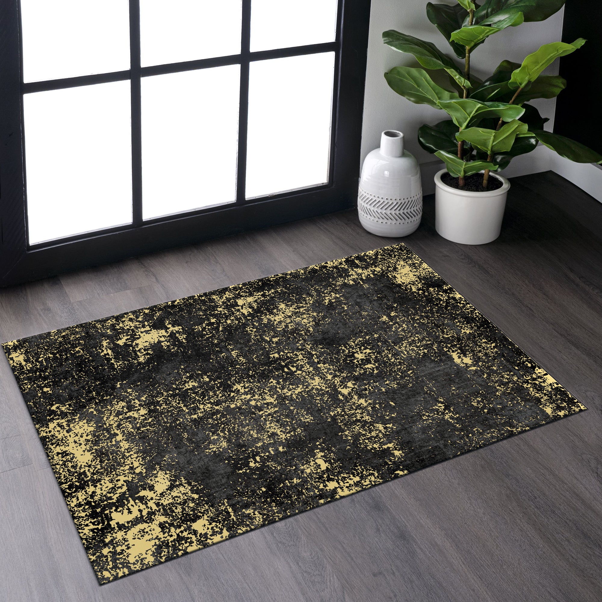 Naar 2X3 Machine Washable Area Rugs, Low Pile, Non Slip, Non Shedding, Foldable, Kid & Pet Friendly Area Rugs For Living Room, Bedroom, Kitchen, Dining Room Rug Perfect Gift, Black Gold, 2' X 3' Black Gold Chenille Polyester