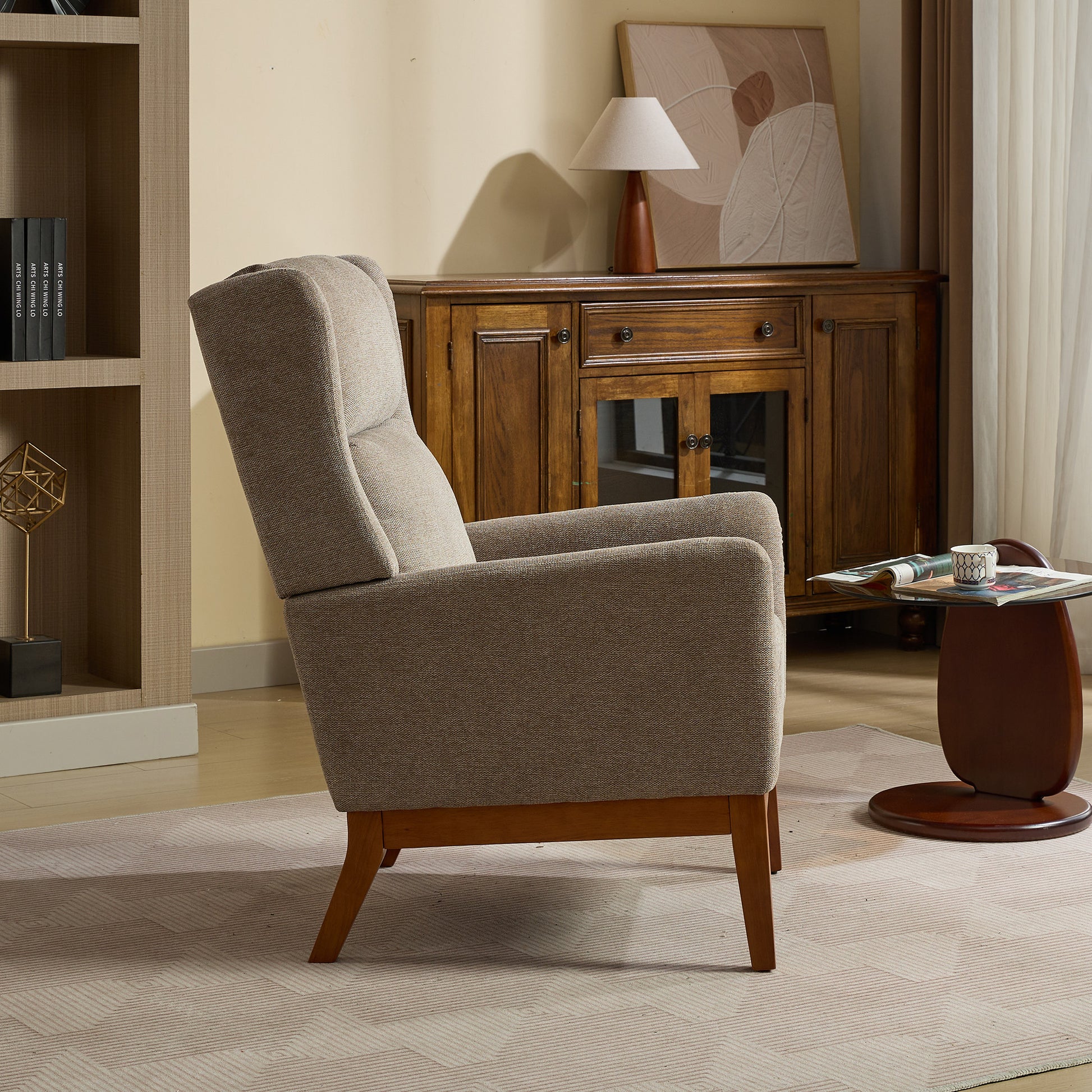26.18" Wide Modern Accent Chair,Polyester Blend High Back Reading Chair ,Upholstered Armchair Club Chair,Single Sofa With Wood Legs For Living Room,Bedroom,Reading Room,Office,Taupe Taupe Foam