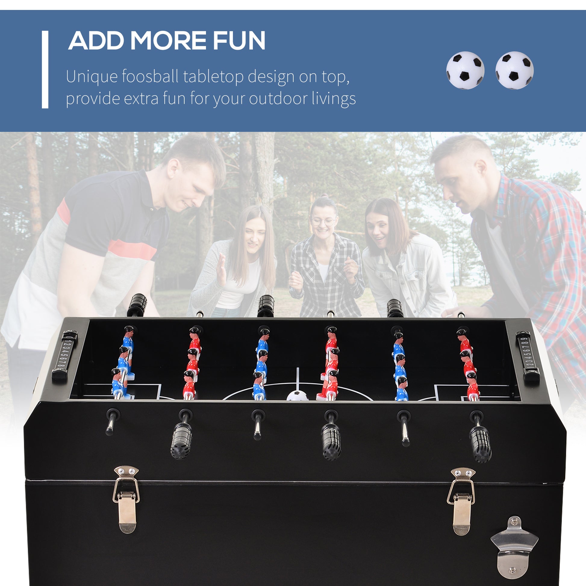 Outsunny 68Qt Patio Cooler Ice Chest With Foosball Table Top, Portable Poolside Party Bar Cold Drink Rolling Cart On Wheels With Tray Shelf Black Steel