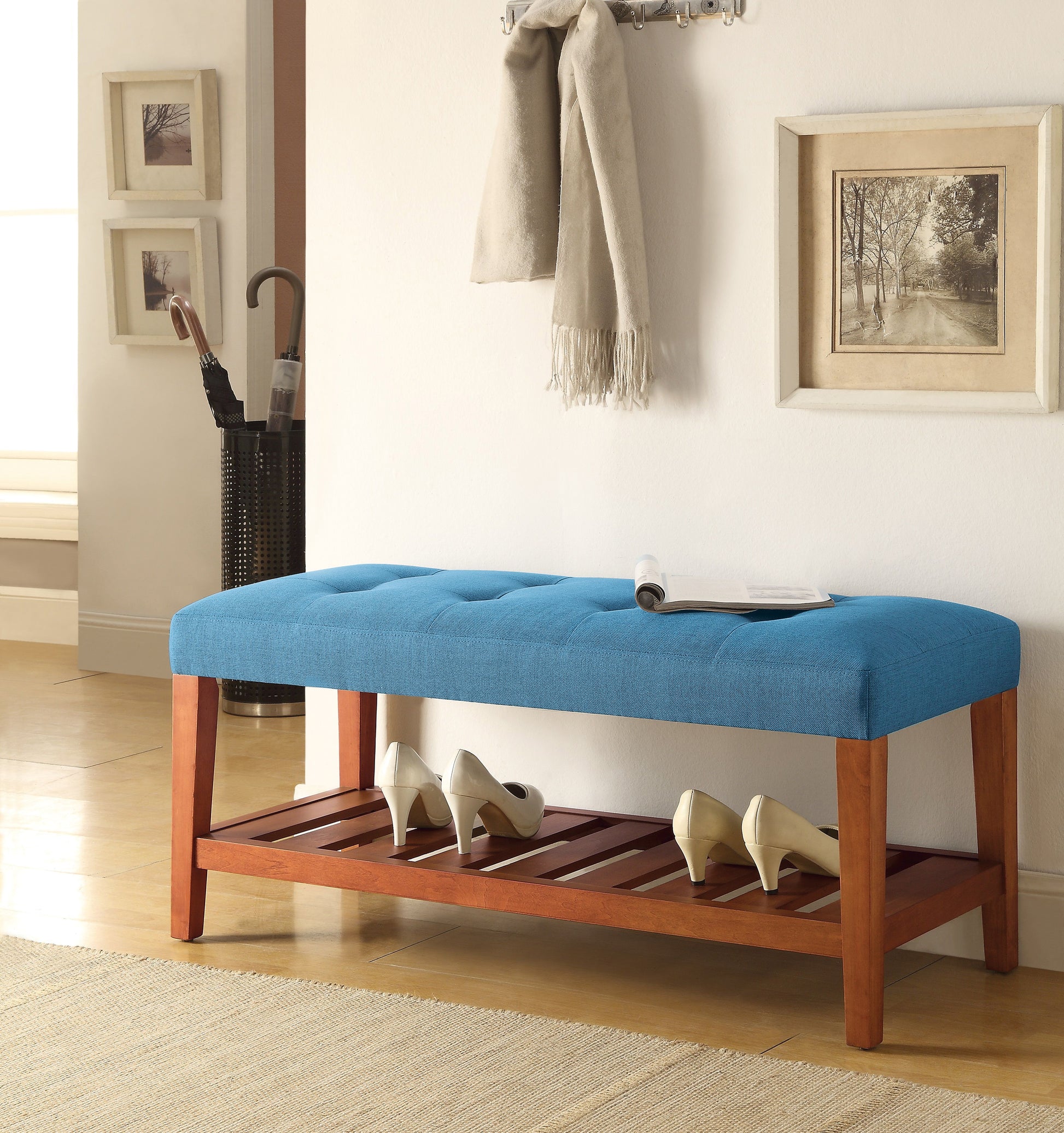 Charla Light Blue Fabric & Oak Finish Bench Light Blue Fabric,Synthetic Wood