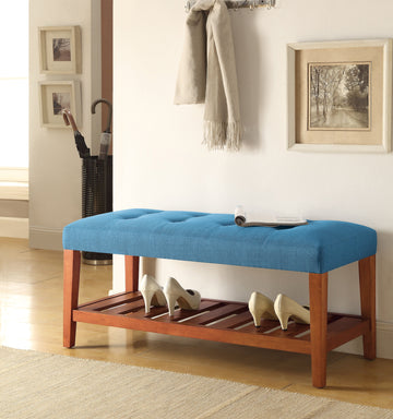 Charla Light Blue Fabric & Oak Finish Bench Light Blue Fabric,Synthetic Wood
