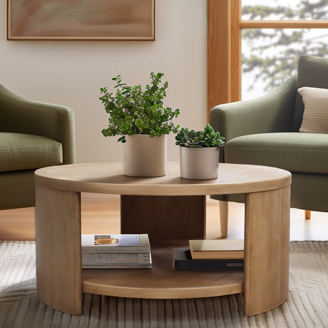 Round Coffee Table With Shelf Natural Mdf