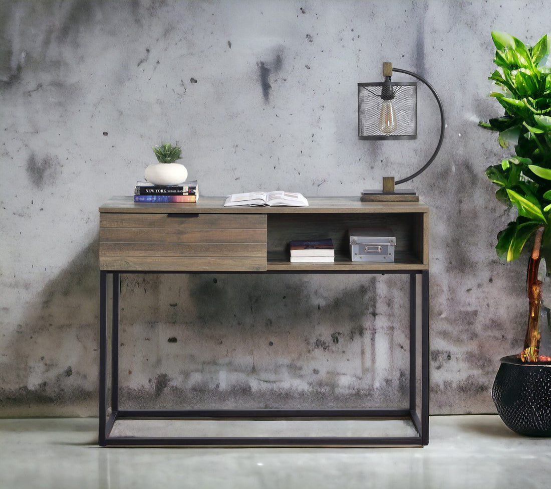 Rustic Oak And Black Writing Desk With Drawer And Shelf Oak Writting Desk Primary Living Space Rectangular Shelves Particle Board Mdf