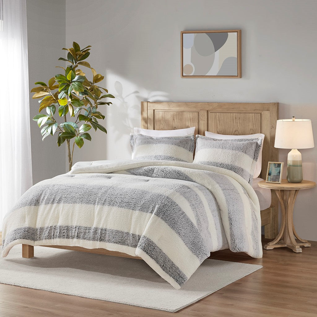 Sherpa Comforter Set King Grey Ivory Polyester