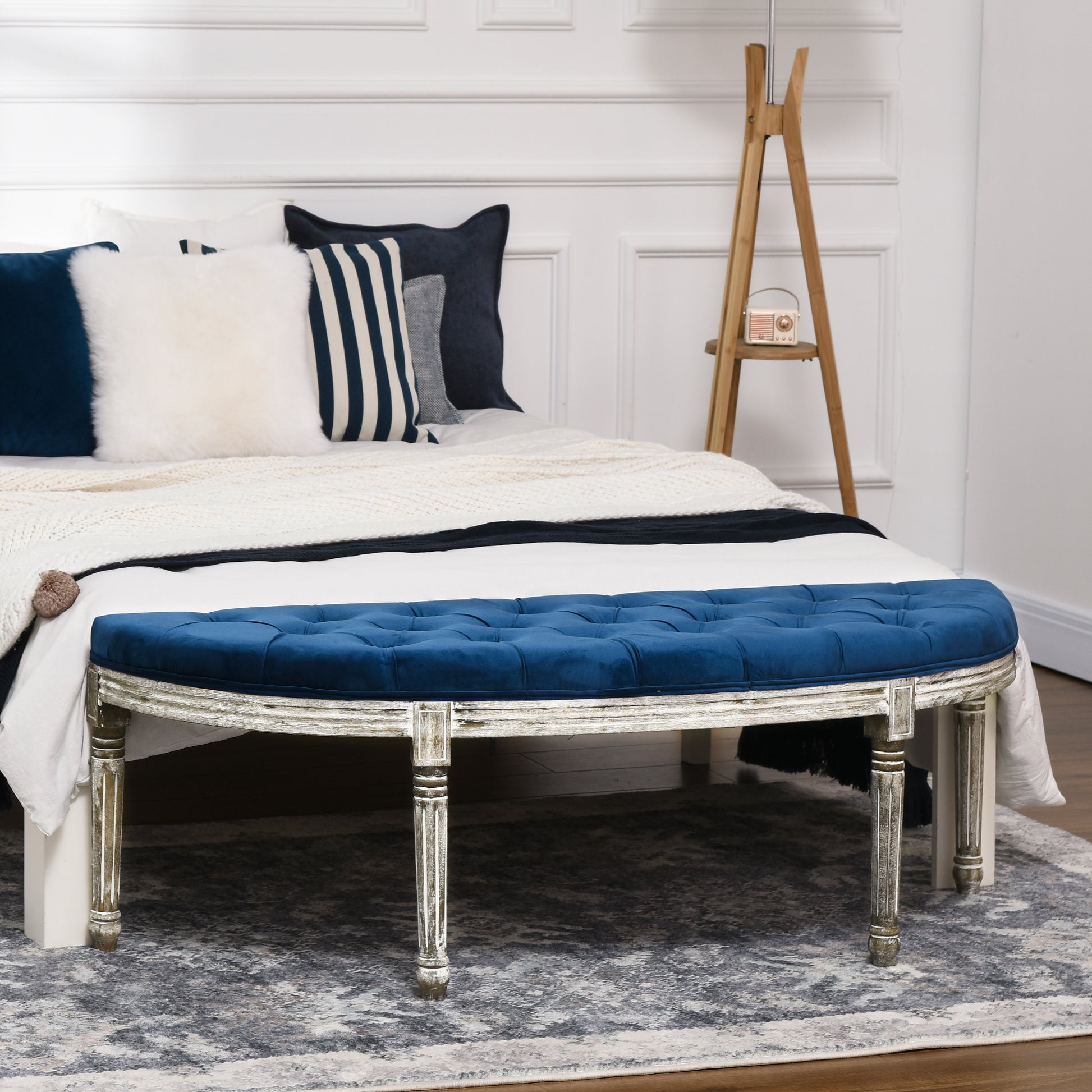 Homcom Vintage Semi Circle End Of Bed Bench, Upholstered Bedroom Entryway Bench With Tufted Velvet Touch Fabric With Rubberwood Legs, Blue Blue Polyester