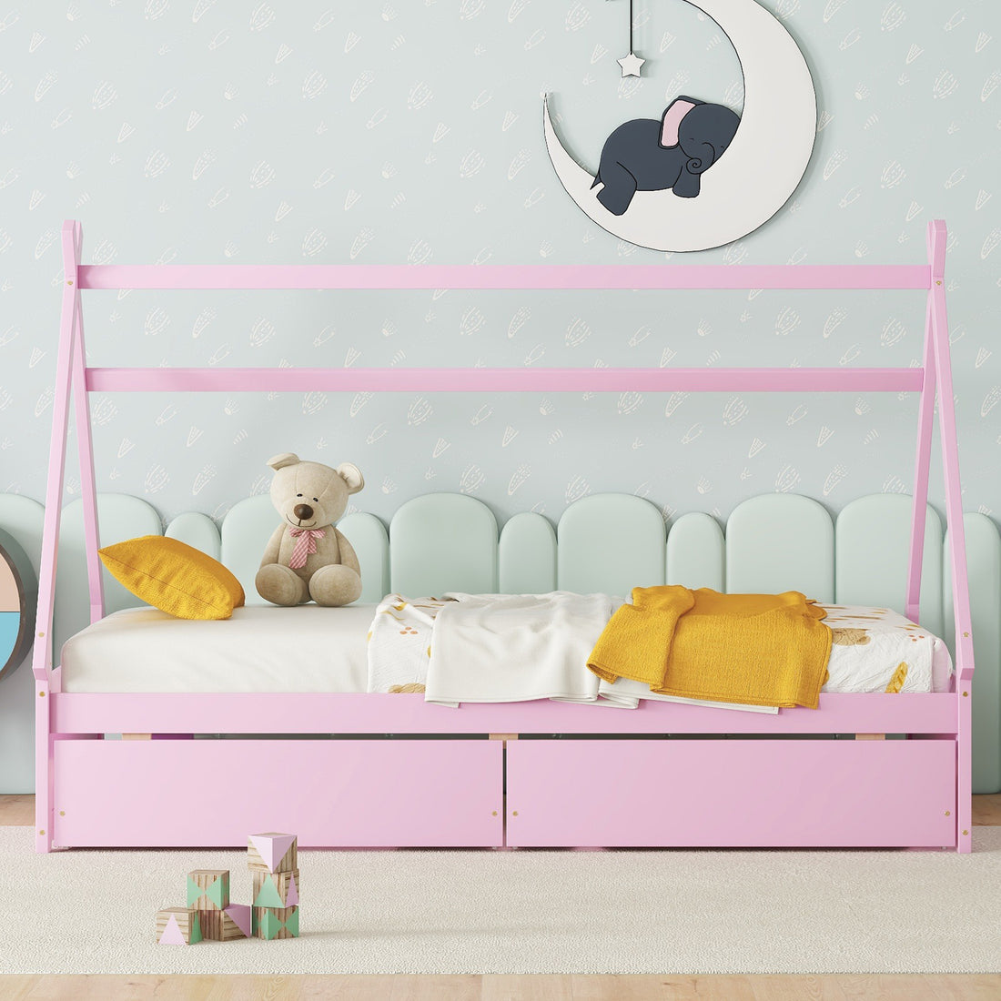 Twin Size House Platform Bed With Two Drawers,Headboard And Footboard, Pink Twin Pink Pine