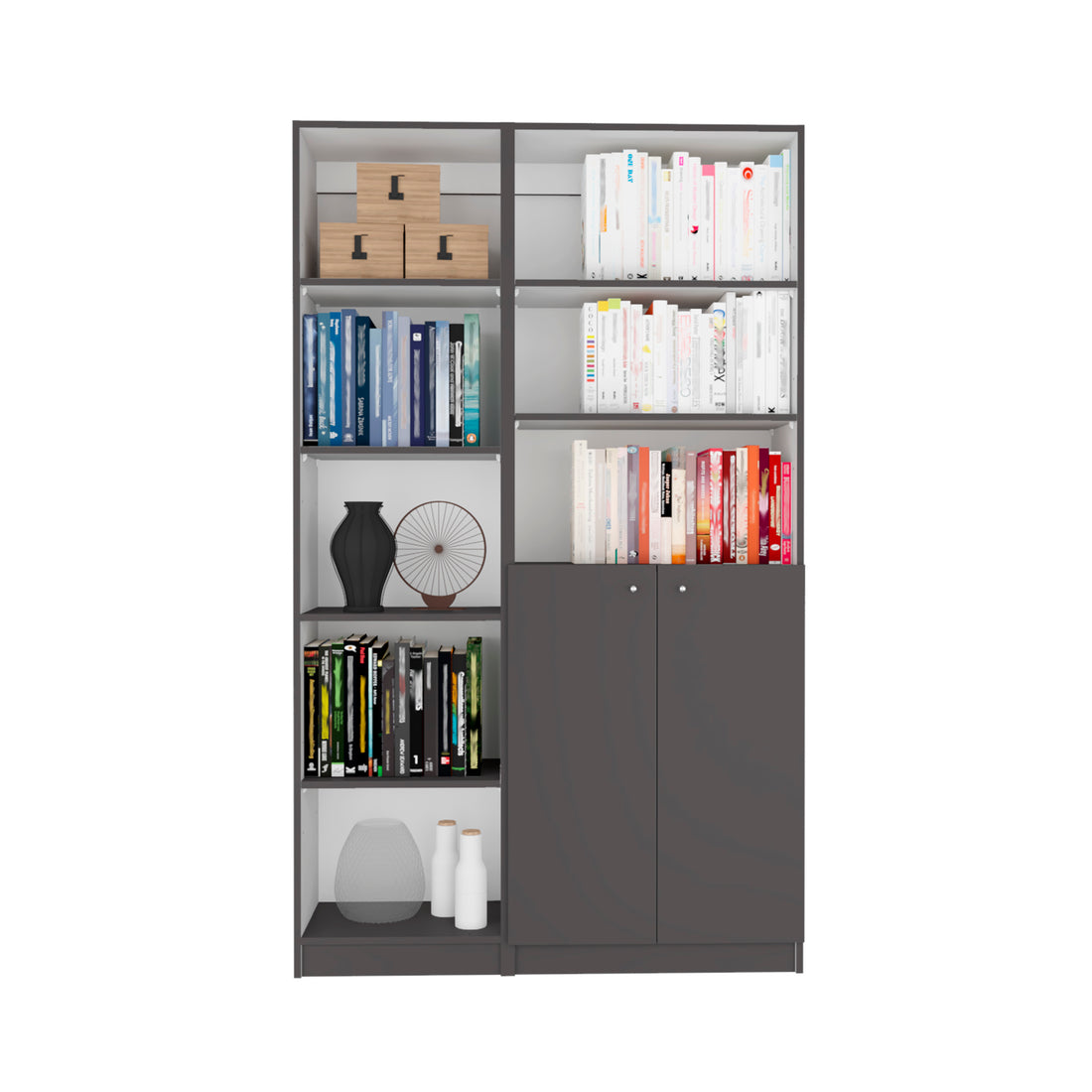 Micco 2 Piece 2 Piece Home Bookcase Set, 42" Wide With 8 Shelves And Double Door Cabinet, Living Room Set Matte Gray White Multicolor Particle Board